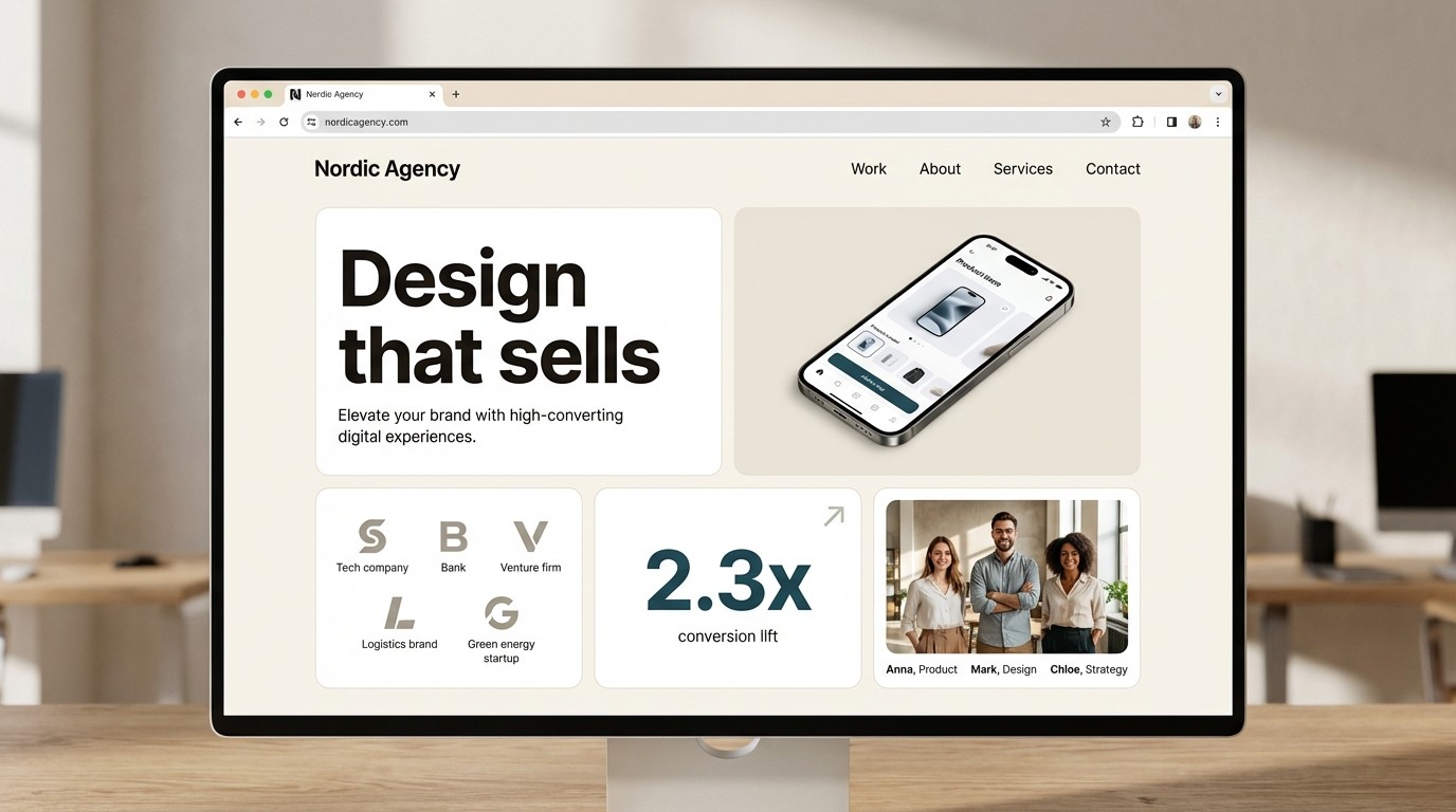 Agentur Homepage im Bento Grid Layout mit großer Leitkachel und asymmetrischer Tile Hierarchie
