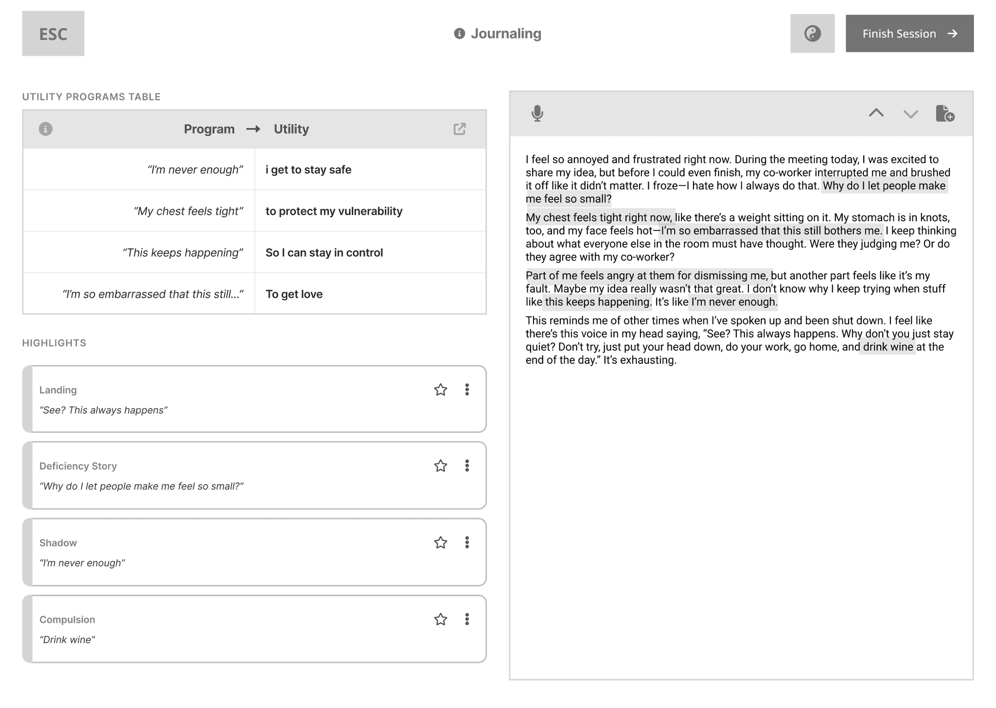Early wireframe of the app’s journal-based interface, before shifting to a conversational AI format.