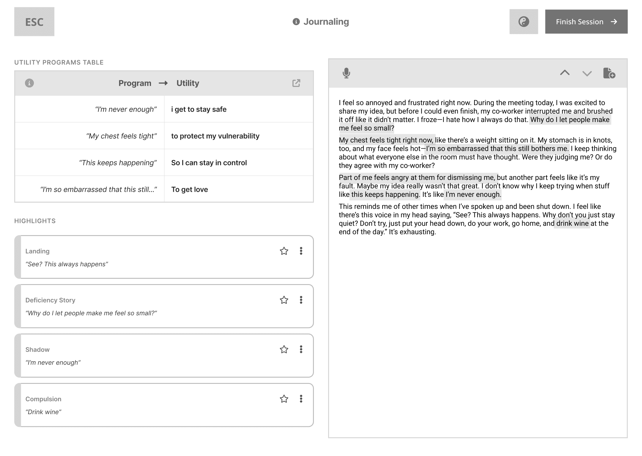 Early wireframe of the app’s journal-based interface, before shifting to a conversational AI format.