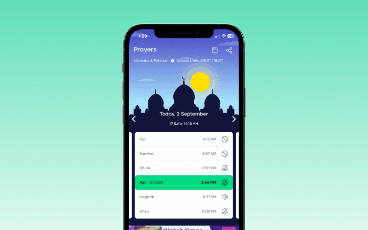 Muslim PRO Dashboard: 5 daily prayers and their timings.