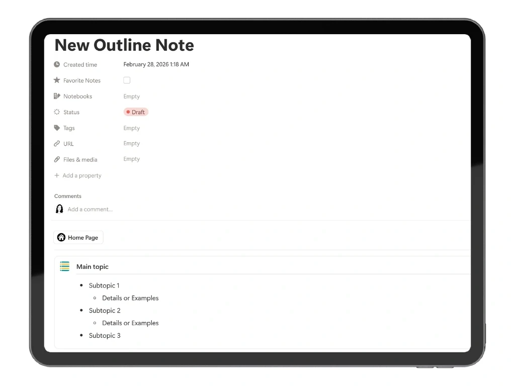 Example outline view with hierarchical bullet points for main topics, subtopics, and supporting details in the Outline Notes Notion template