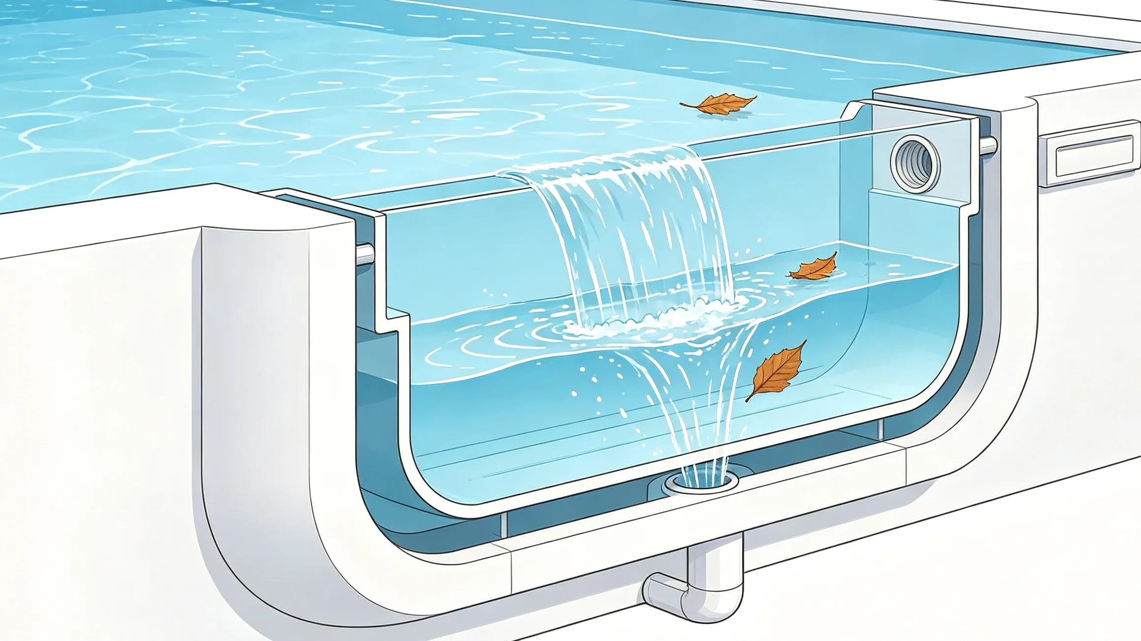 Pool skimmer showing the relationship between water level and surface skimming