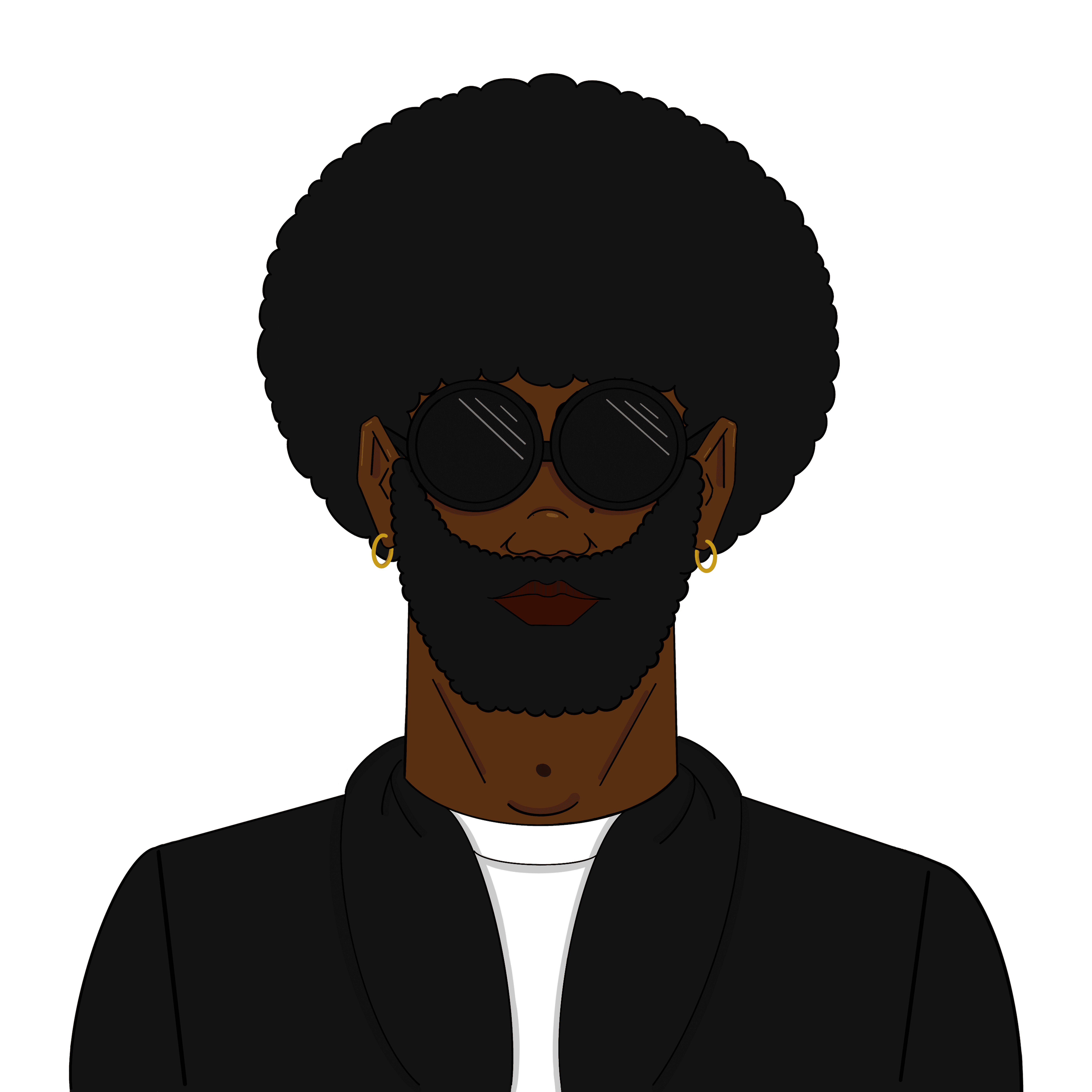 Illustration of Black man with a large afro, dark sunglasses and full beard.