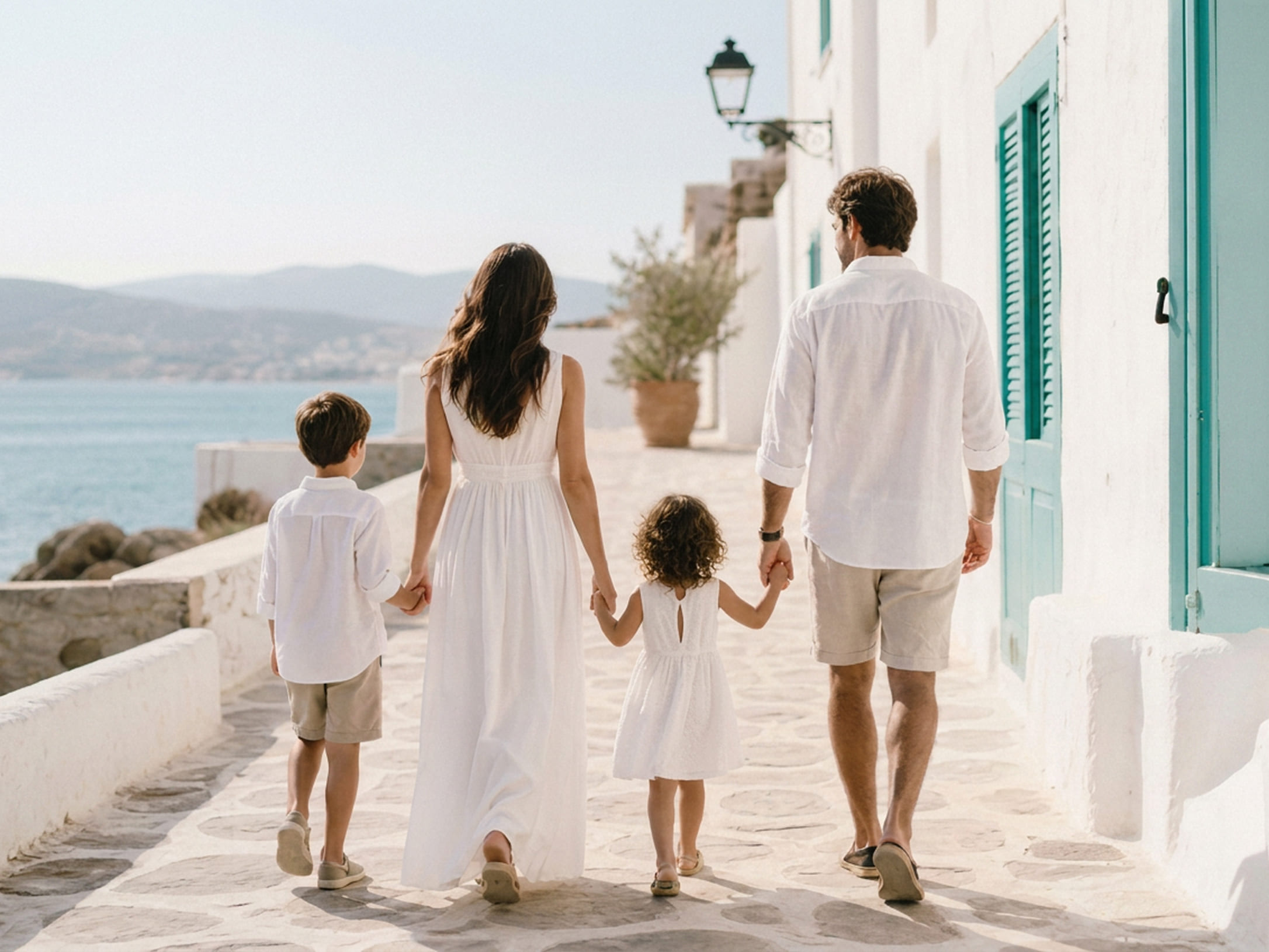Family of four walks hand-in-hand down a charming Mediterranean cobblestone street towards the sea. A decorative ceramic plaque on the father's back says, "Relocate Seamlessly to the Maresme & Coastal Towns of Barcelona.