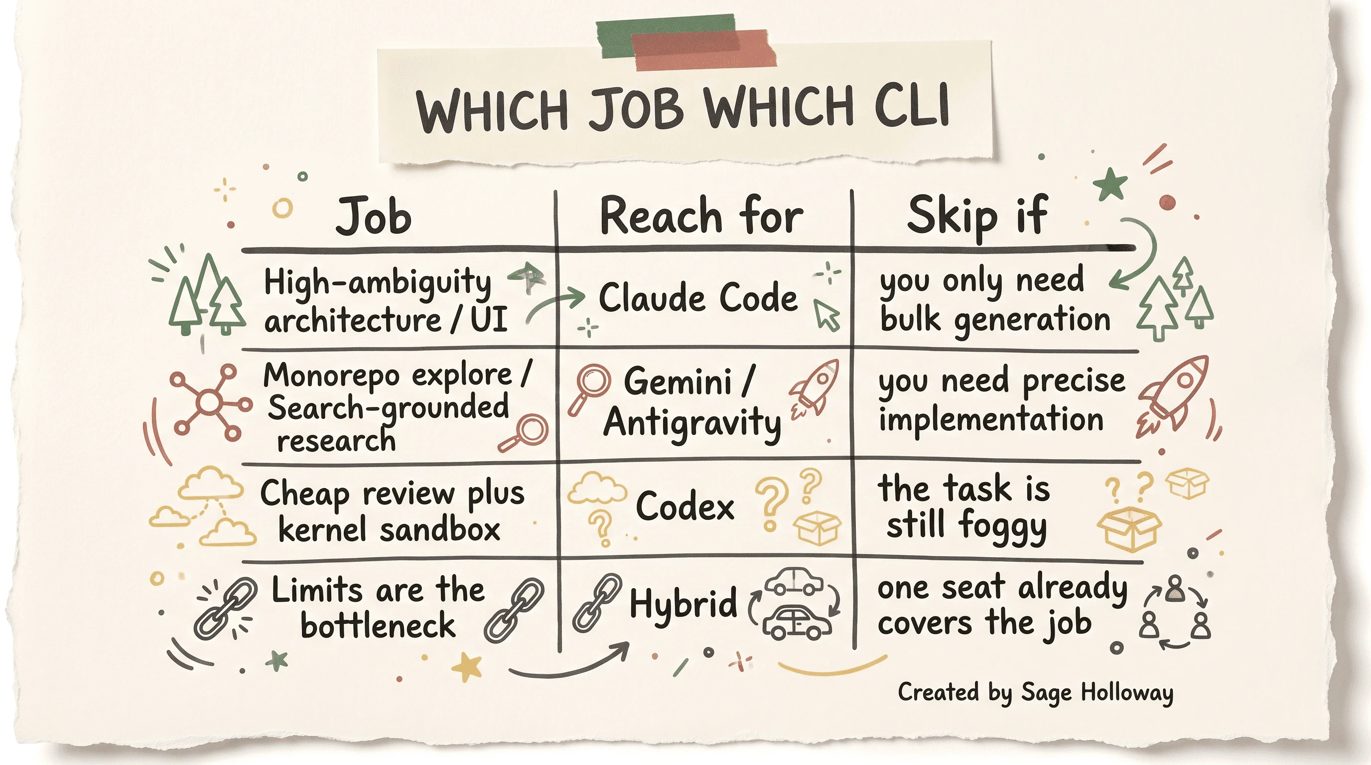 Decision table for which jobs fit Claude Code, Gemini CLI or Antigravity, Codex, or a hybrid