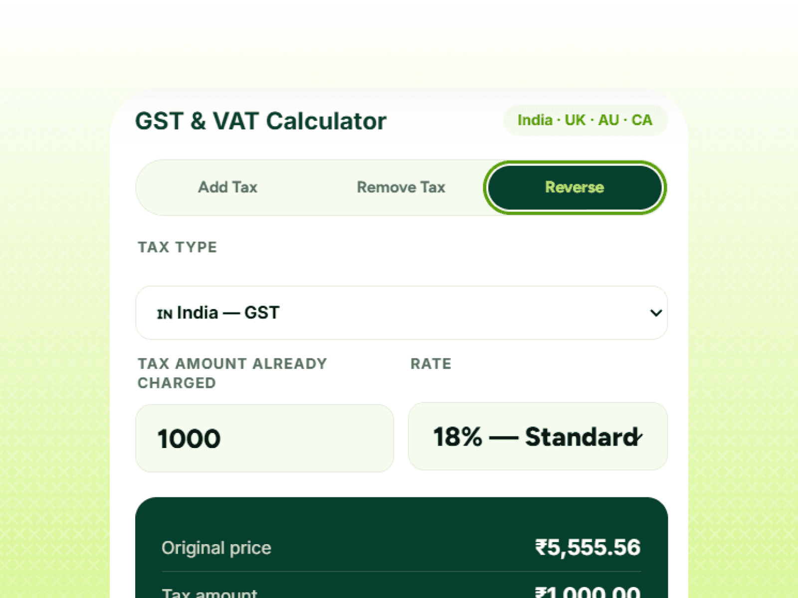 Finqube GST and VAT calculator dashboard GST calculator showing tax-inclusive price VAT calculator for business invoices Reverse GST calculation example Online tax calculator for freelancers Business tax calculation interface GST percentage calculator results Finqube tax calculator mobile view