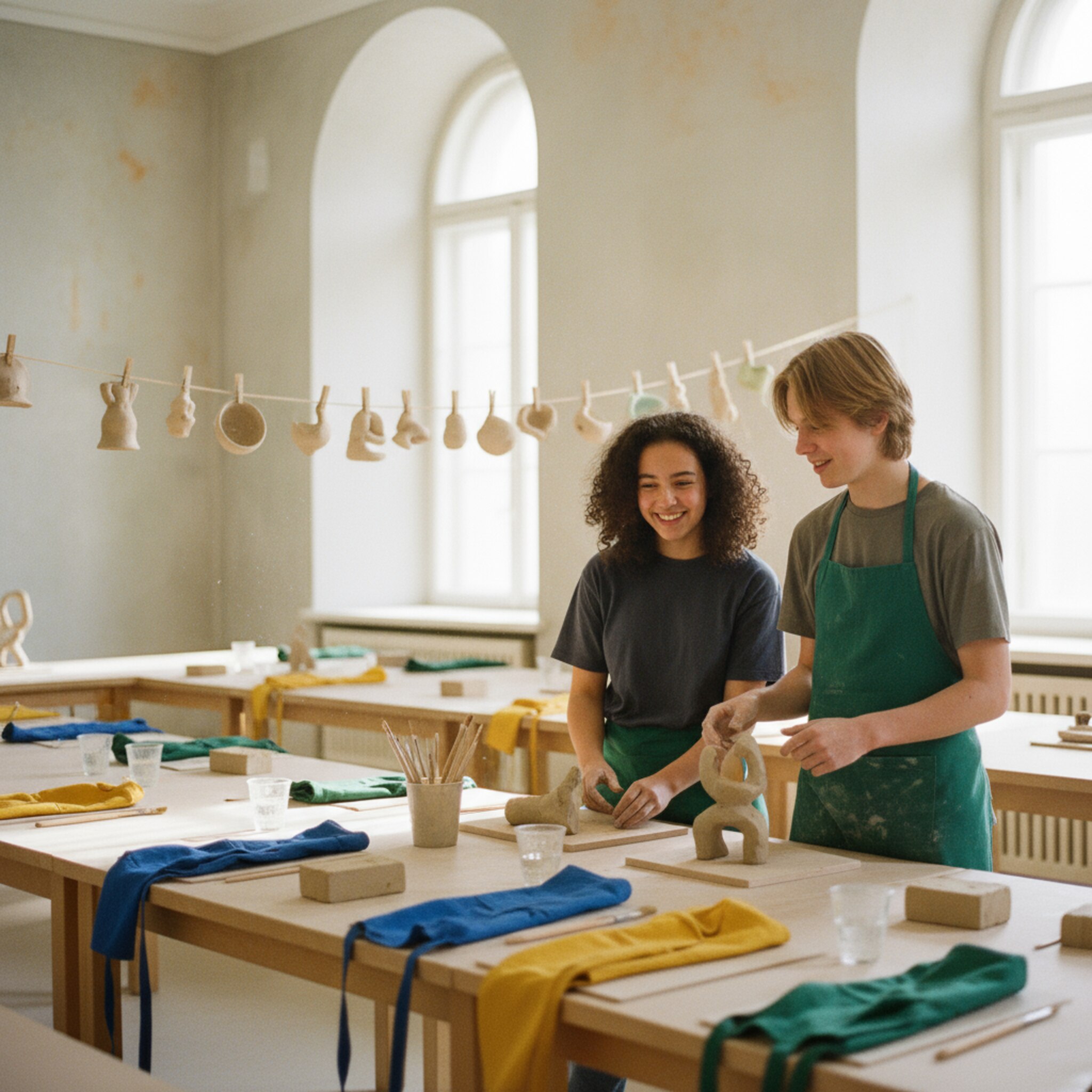 Ein heller Workshopraum mit langen Tischen, auf denen Ton, Pinsel und Schürzen bereitliegen. Zwei Jugendliche lachen, während sie ein Modell formen. Im Hintergrund hängen fertige Arbeiten an einer Schnur. Durch hohe Fenster fällt weiches Tageslicht und lässt Staubpartikel im Raum tanzen.