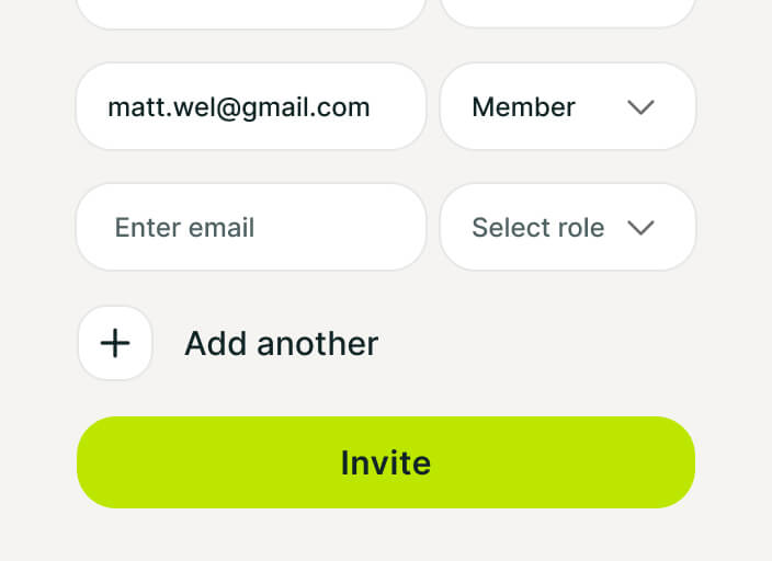 Team invitation form in the Subsight app featuring email input fields, role selectors, and a prominent 'Invite' button.
