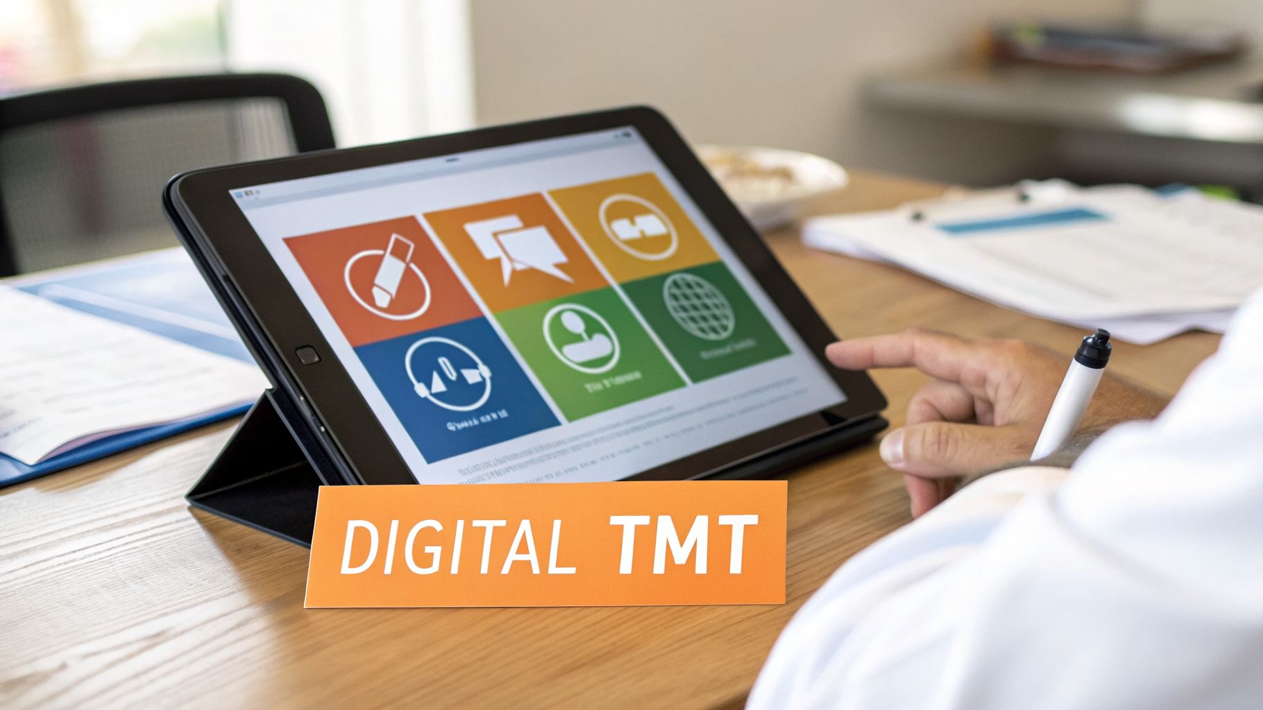 A person's hand touches a digital tablet displaying colorful icons, next to a 'DIGITAL TMT' card.