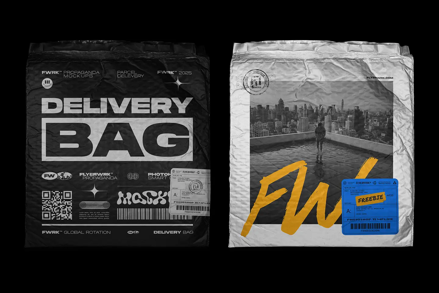 Crinkled Bubble Mailer Mockup displaying industrial black and silver shipping bags with realistic wrinkles and textures