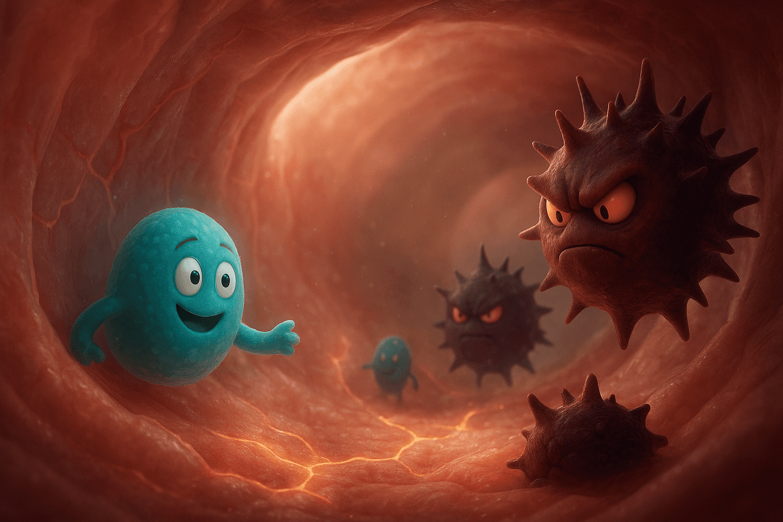 Pixar-style cinematic 3D illustration showing a microscopic view inside the gut — friendly blue and green bacteria protecting the intestinal wall from harmful red microbes. Soft sunlight rays and cinematic depth show the gut-immune battle representing leaky gut, inflammation, and microbiome imbalance. Educational and awareness-driven visual promoting early gut health care — Lyxaa.in.
