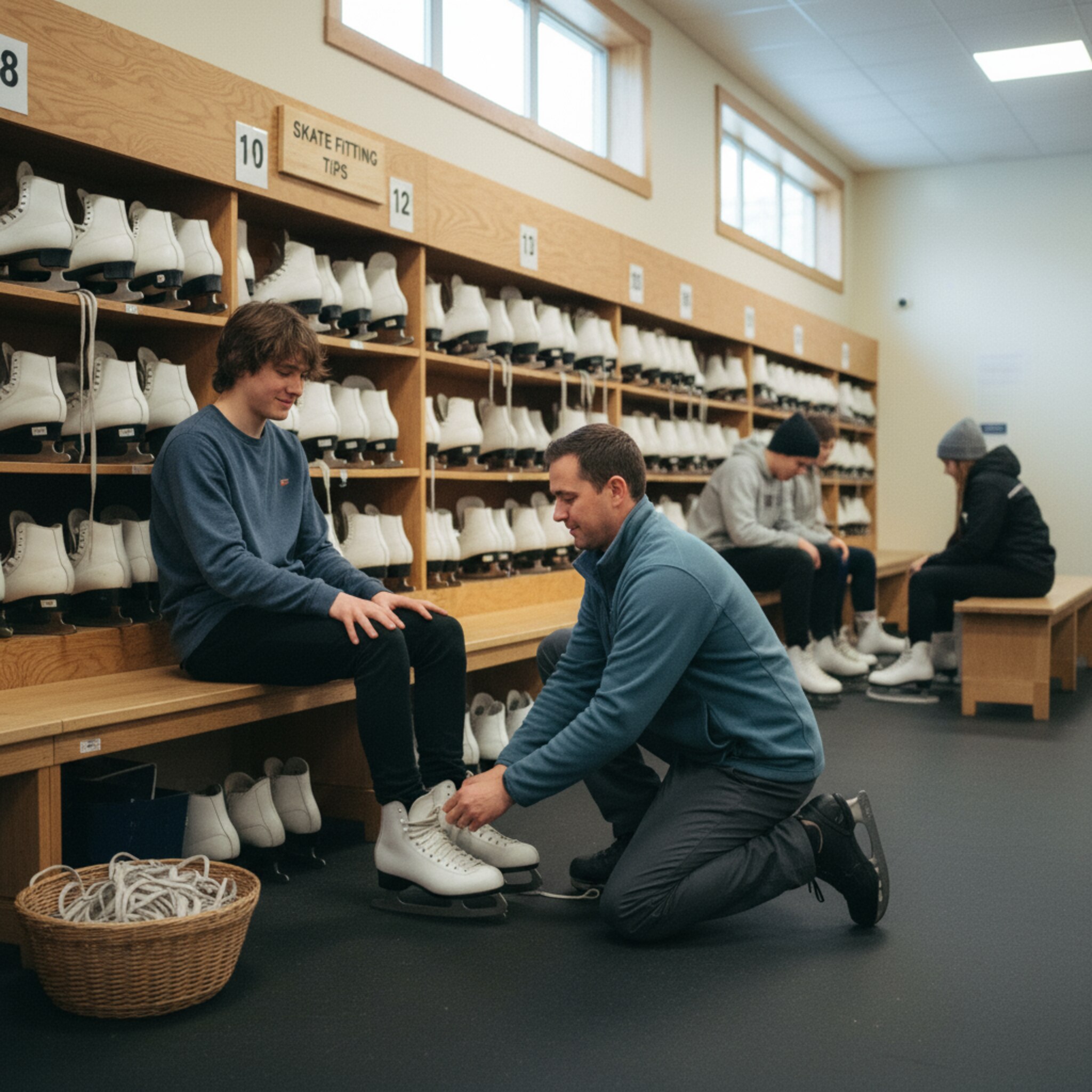 Ein Regal mit aufgereihten Schlittschuhen in verschiedenen Größen wirkt wie nach Lineal sortiert. Ein Betreuer hilft, die Schnürung zu schließen, und nickt zufrieden. Das Licht ist hell, der Raum aufgeräumt, die Abläufe wirken eingespielt und verlässlich.