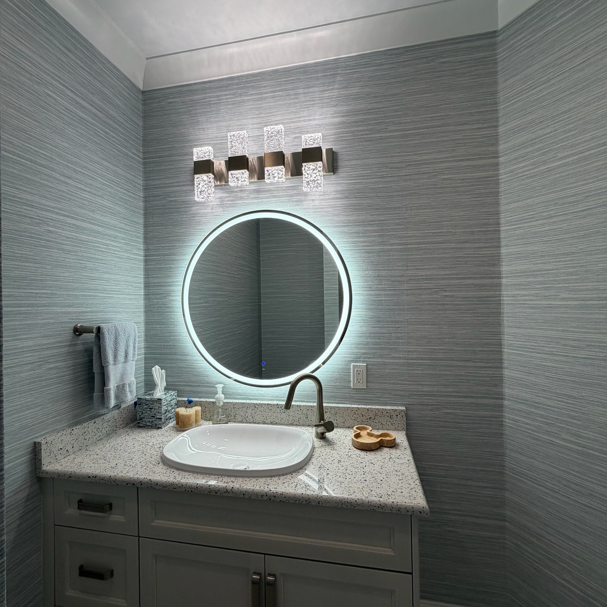 Primary bathroom wallpaper installation with premium wallcovering