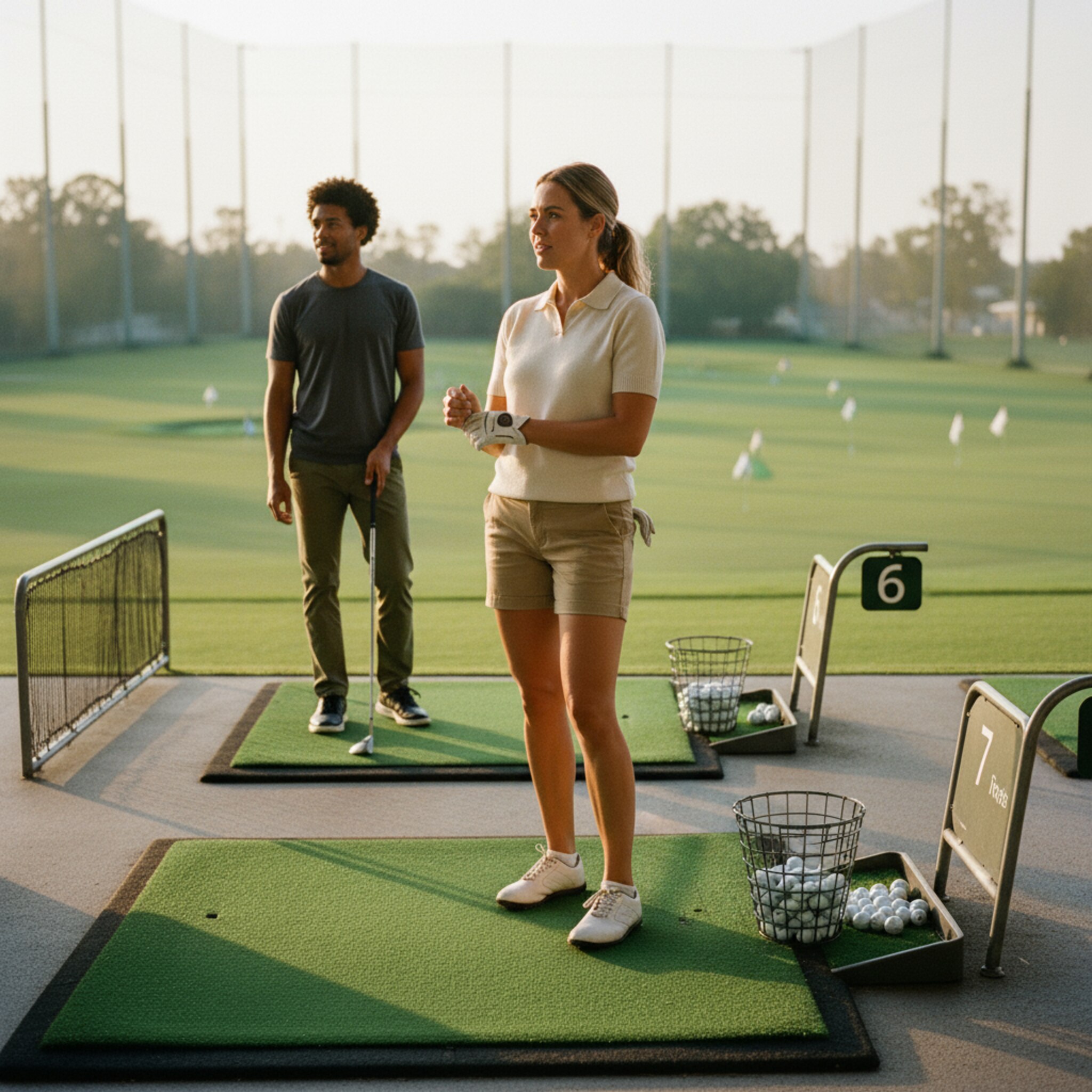 Eine nummerierte Bay mit frischer Matte, daneben ein Ballkorb und ein kleines Schild mit der Bay-Nummer. Ein Spieler schnürt konzentriert seine Handschuhe, während seine Begleiterin auf den nächsten Schlag wartet. Die Nachbarbay ist frei und sauber aufgeräumt. Abendlicht taucht die Range in warmen Ton.