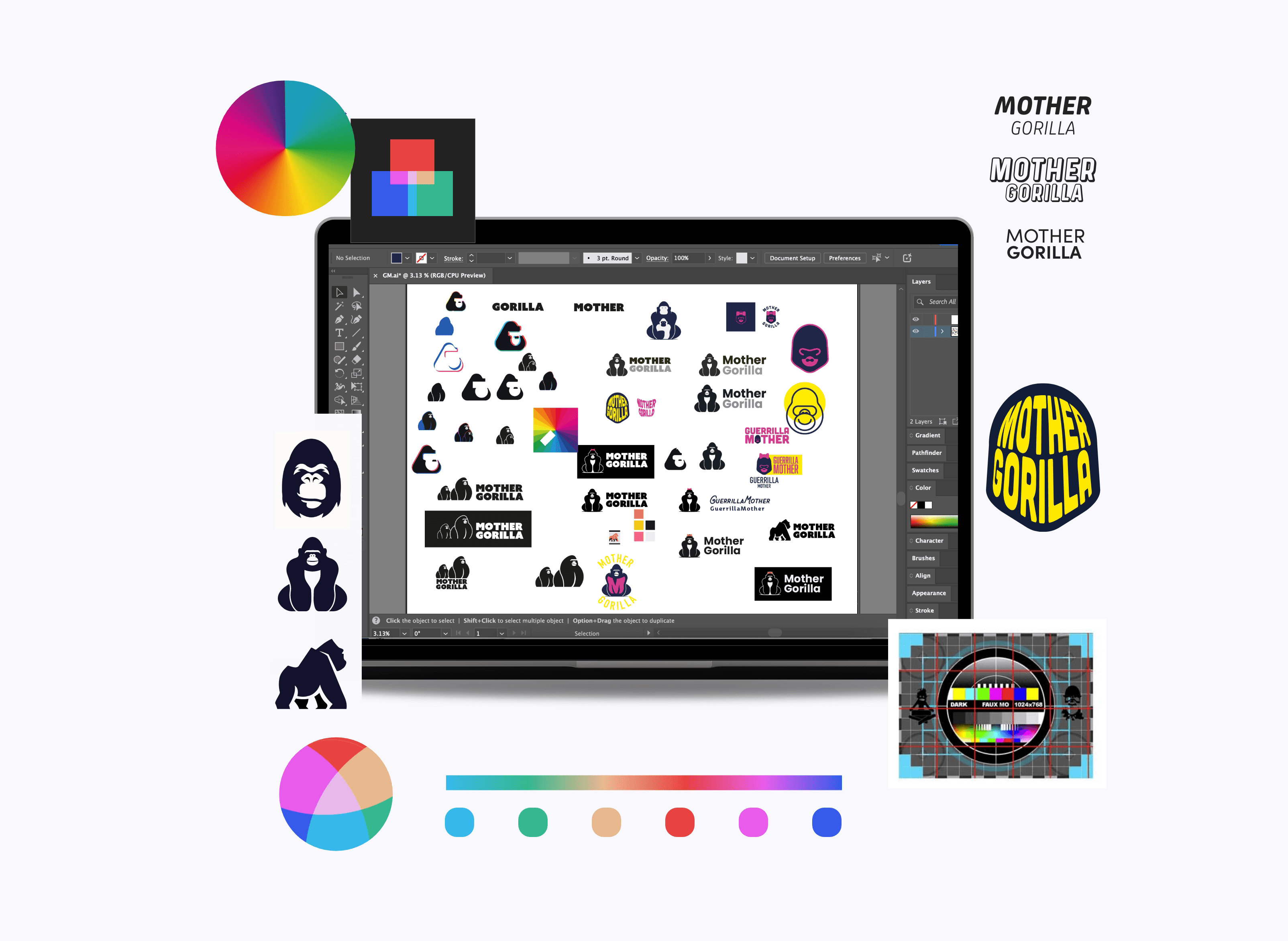 Collation of research from colour wheels, to gorilla logo concepts and fonts