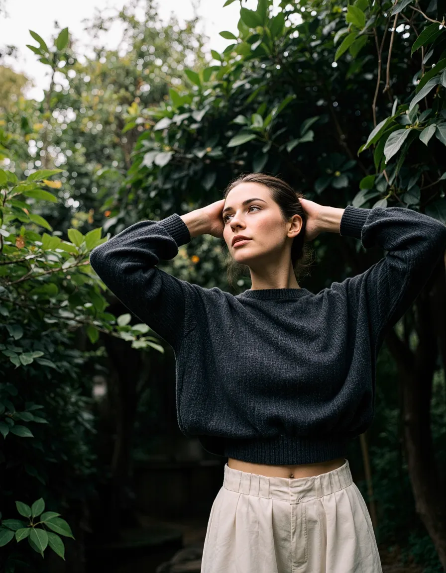 Woman in black sweater and beige pants posing with hands in hair against lush green foliage background