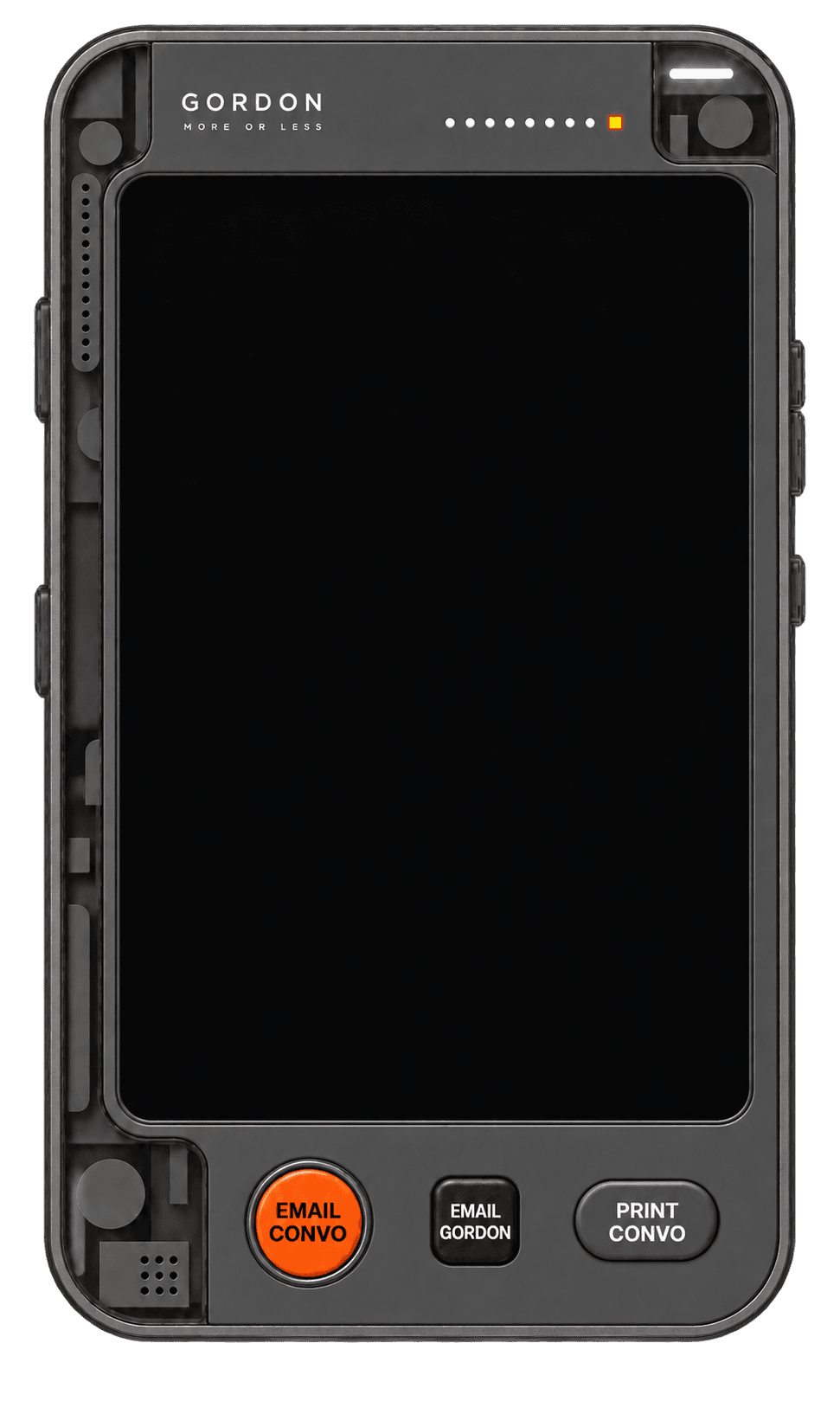 Graphite handheld-style assistant casing with orange accents and printed controls around an empty screen.