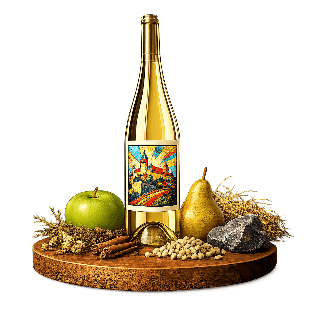 Artistic label and flavor profile for German Silvaner on a rustic wooden table.