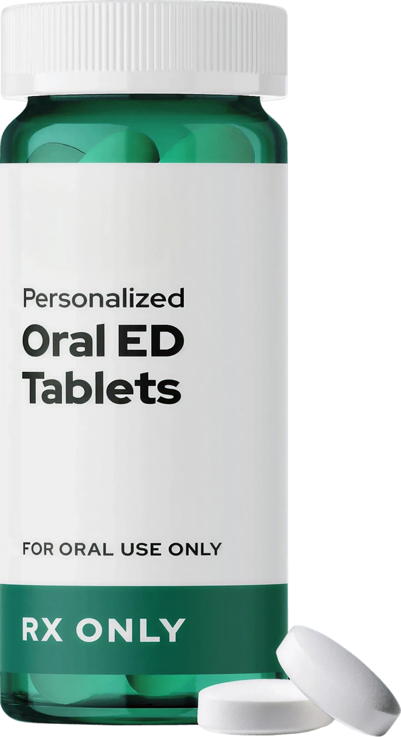 Bottle of "Henry" personalized oral ED tablets. White label on green bottle. "Rx Only" at bottom.