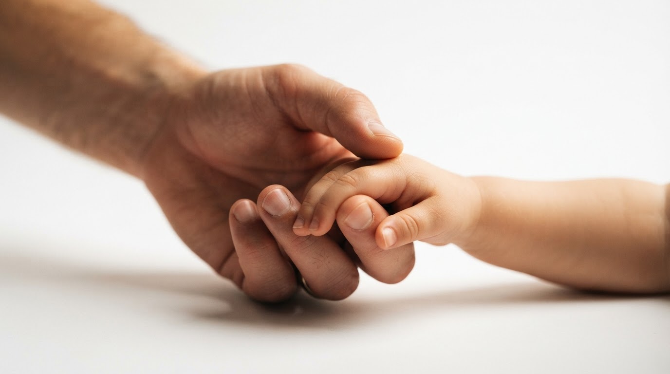 A parent's hand holding a baby's hand