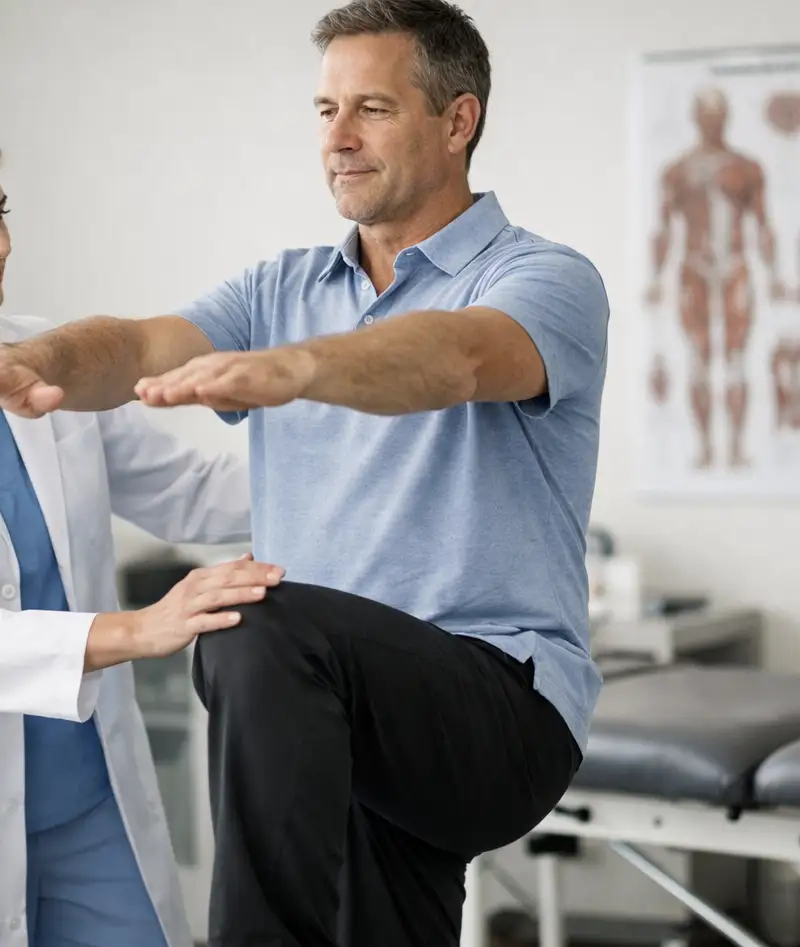 Provider performing a neuromuscular movement assessment for non-surgical pain treatment