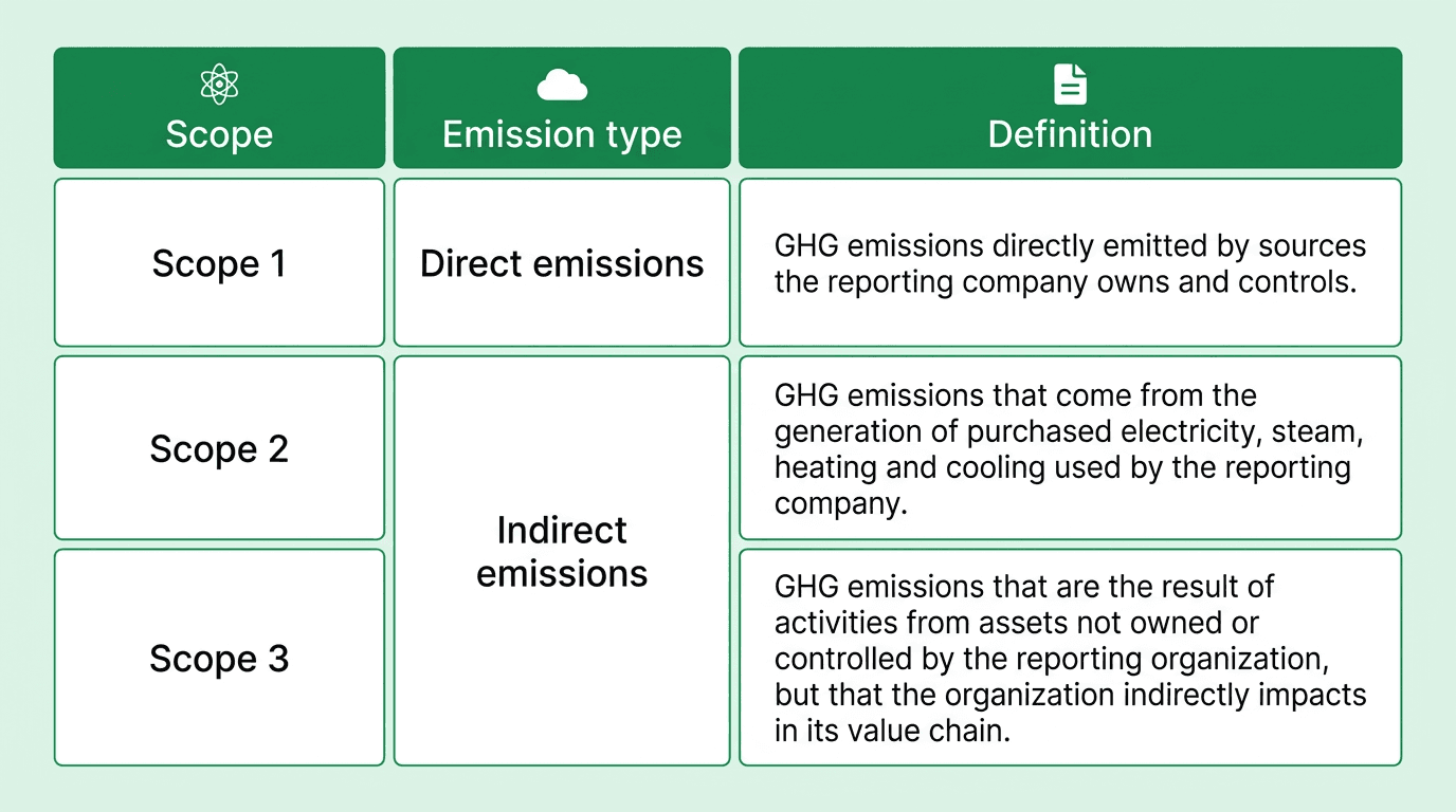 Scope 1 2 and 3 emissions definitions table showing Scope 1 as direct emissions from owned sources, Scope 2 as indirect emissions from purchased energy, and Scope 3 as indirect value chain emissions