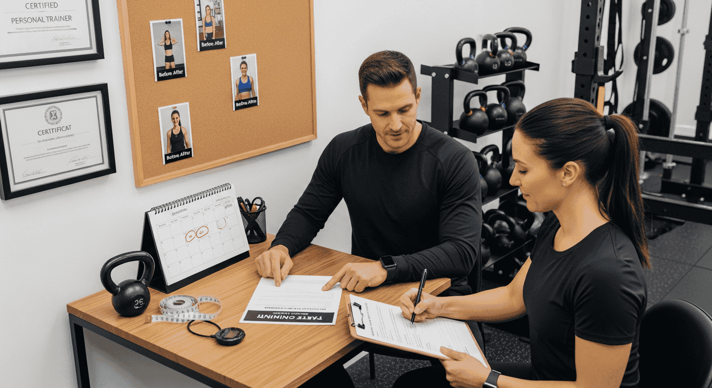 A personal trainer reviewing a client intake form during a consultation in a fitness studio, illustrating the trust-building process behind creating a high-converting personal trainer website in 2025.