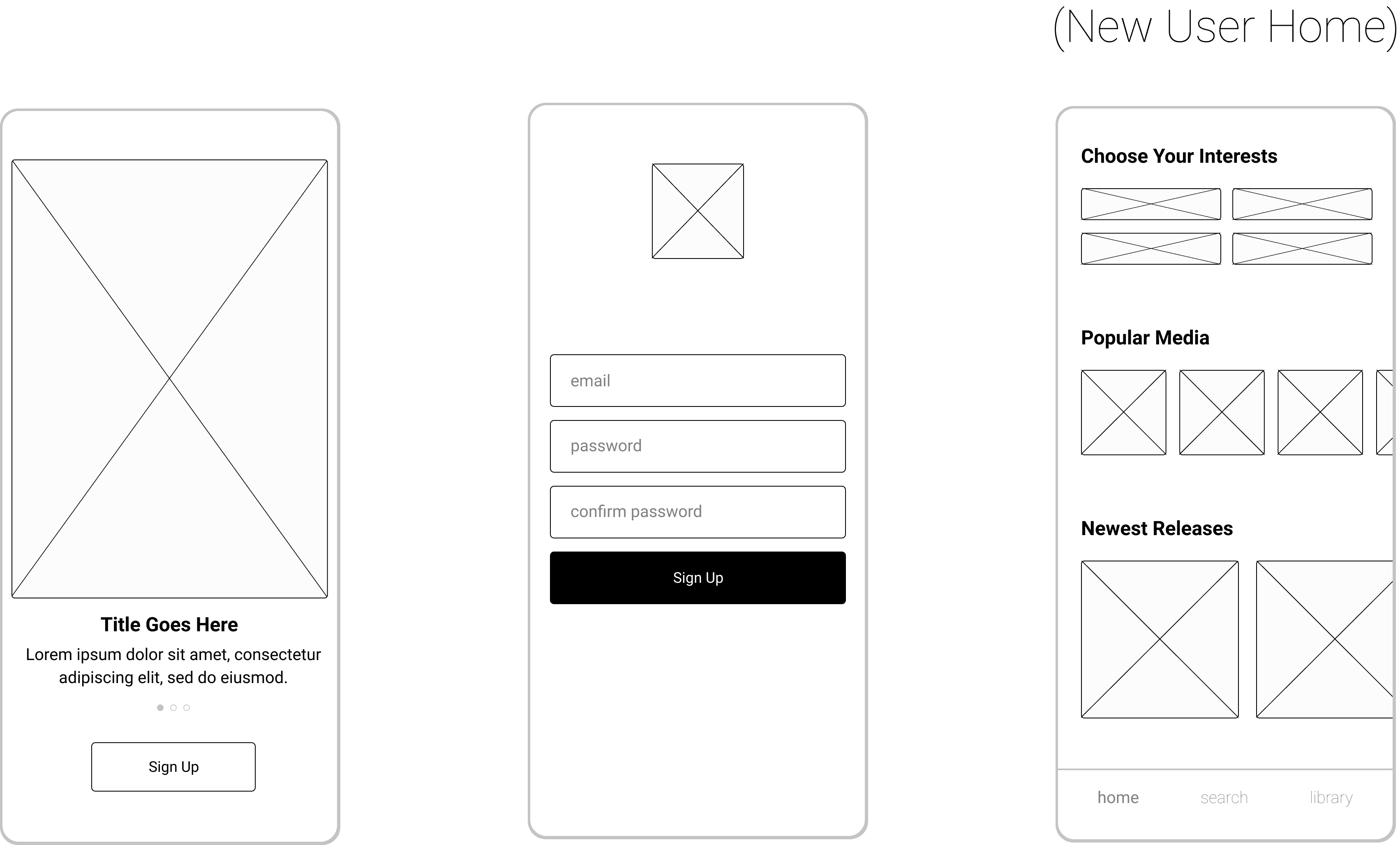 Simplistic wireframes, showing an overview of a design for a music streaming app.