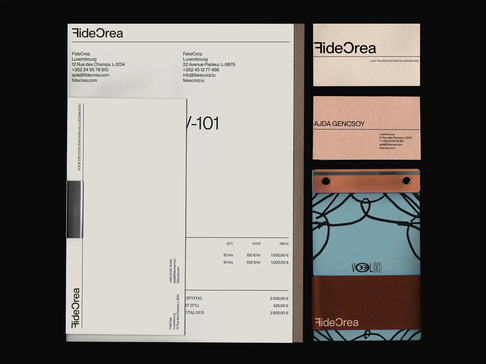 FideCrea stationery: letterhead, business cards, and folder