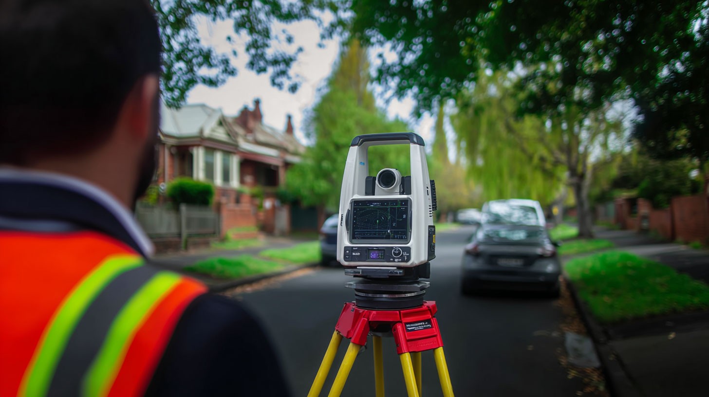 Land surveyor using a total station in a residential street in Melbourne