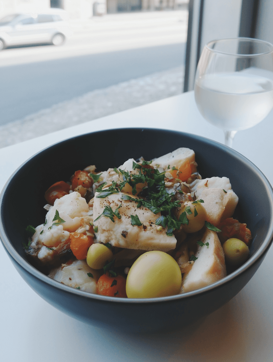 A close-up of a dark gray bowl filled with white fish chunks, cherry tomatoes, green olives, and herbs, served next to a glass of white wine on a white table by a window.