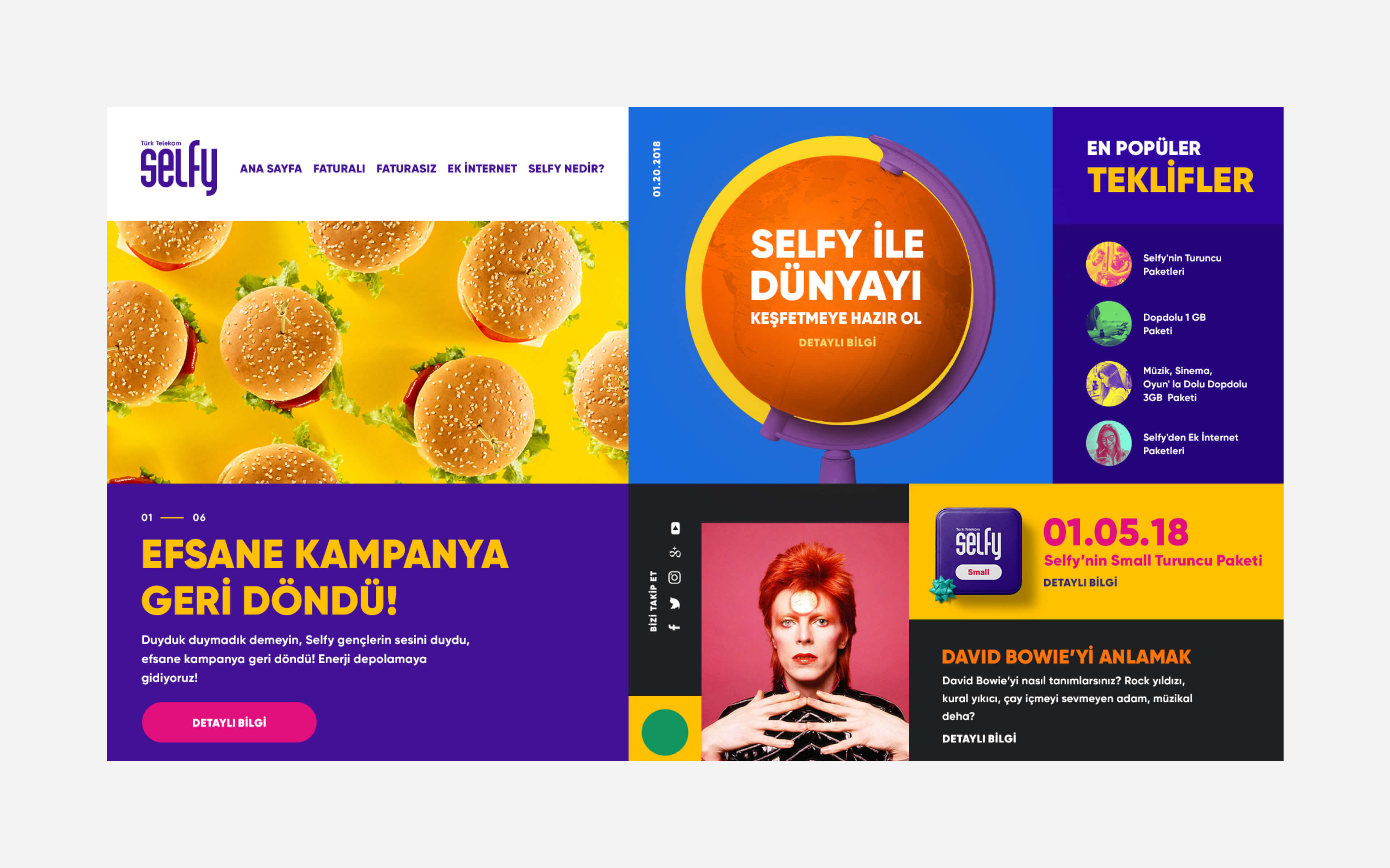 Türk Telekom Selfy campaign page with vibrant, dynamic design showcasing internet packages and special offers for young audience.
