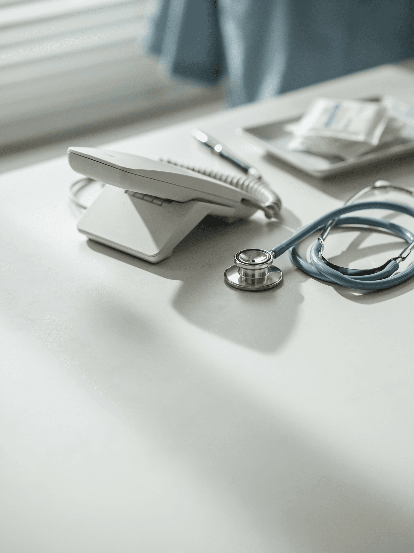 Bureau de secrétariat médical avec téléphone et stéthoscope pour la permanence téléphonique des professionnels de santé