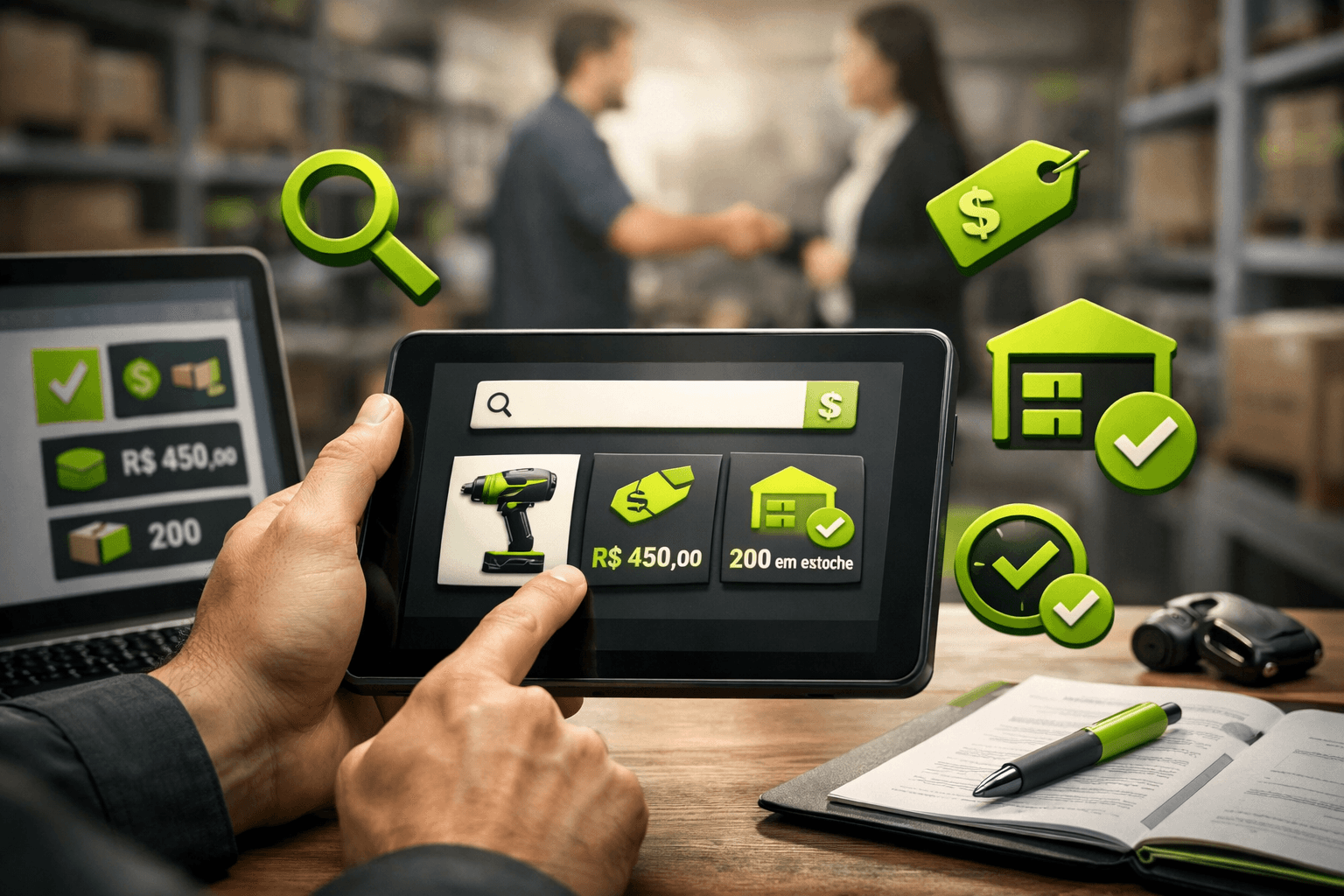 Ilustração 3D realista em formato 16:9 de um vendedor B2B usando um tablet em primeiro plano, consultando informações de produto (preço e estoque) em uma interface digital. Ícones verdes destacam busca, preço e disponibilidade. Ao fundo, levemente desfocado, duas pessoas apertam as mãos em um ambiente de armazém, sugerindo o fechamento de uma venda durante a visita. Predominam tons de preto com detalhes em verde vibrante.