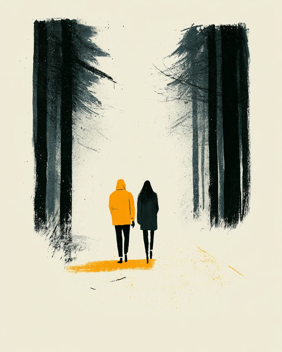 Illustration: Paar spaziert im Winterwald. Bäume säumen den Weg, gelbe Jacke.