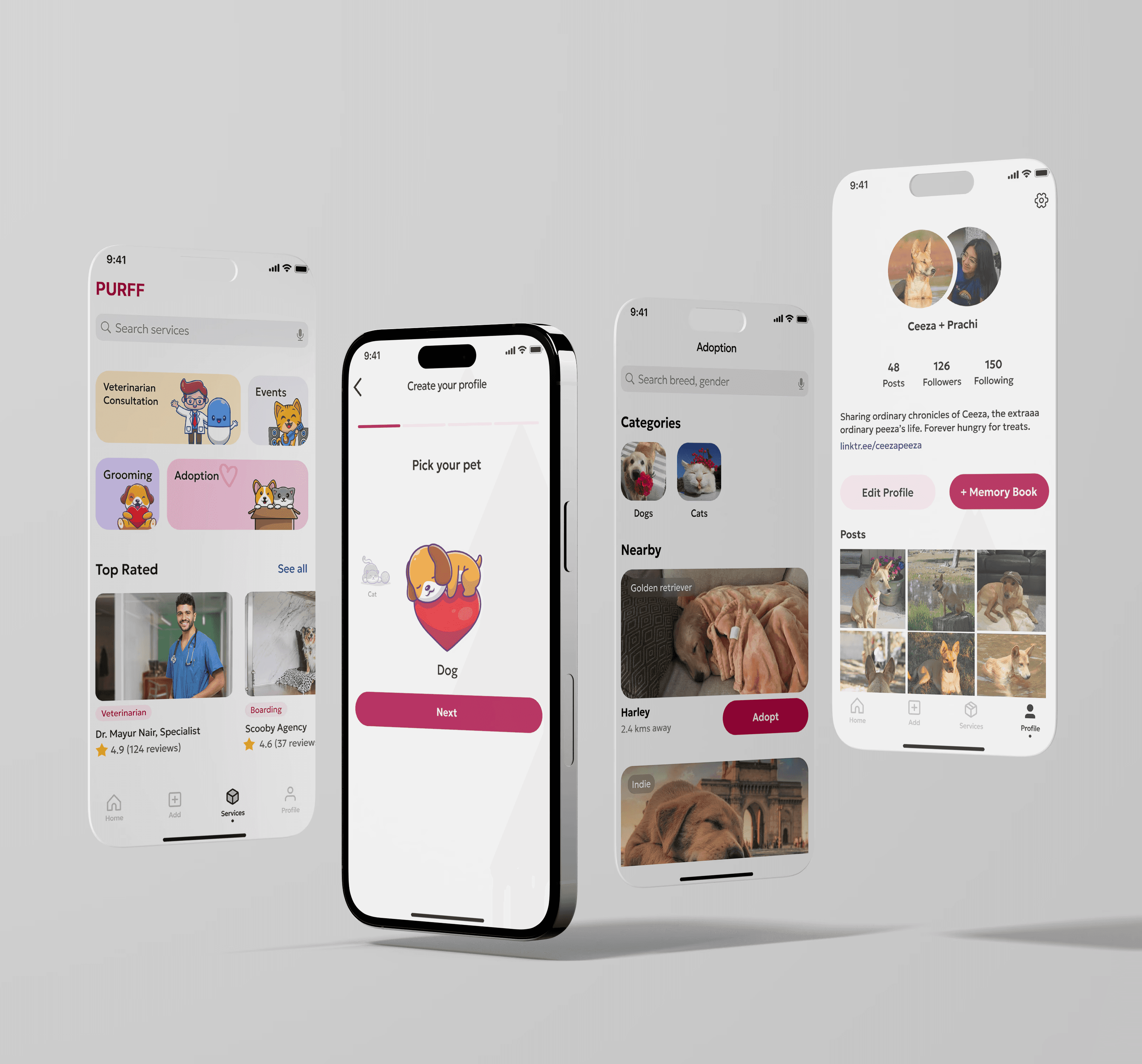 Phone mockups of dog app
