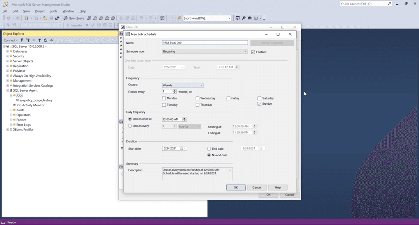 SSMS interface showing job scheduling setup with technical configuration options