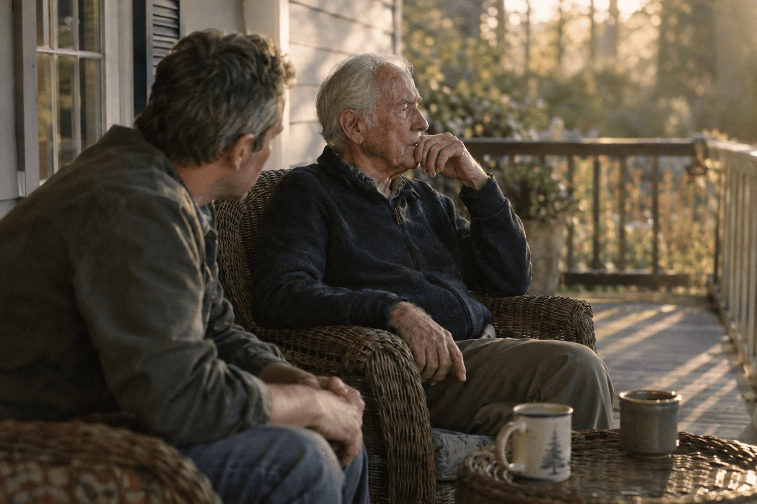 An adult son listens closely to his elderly father as they sit together in wicker chairs on a porch in warm late afternoon light.
