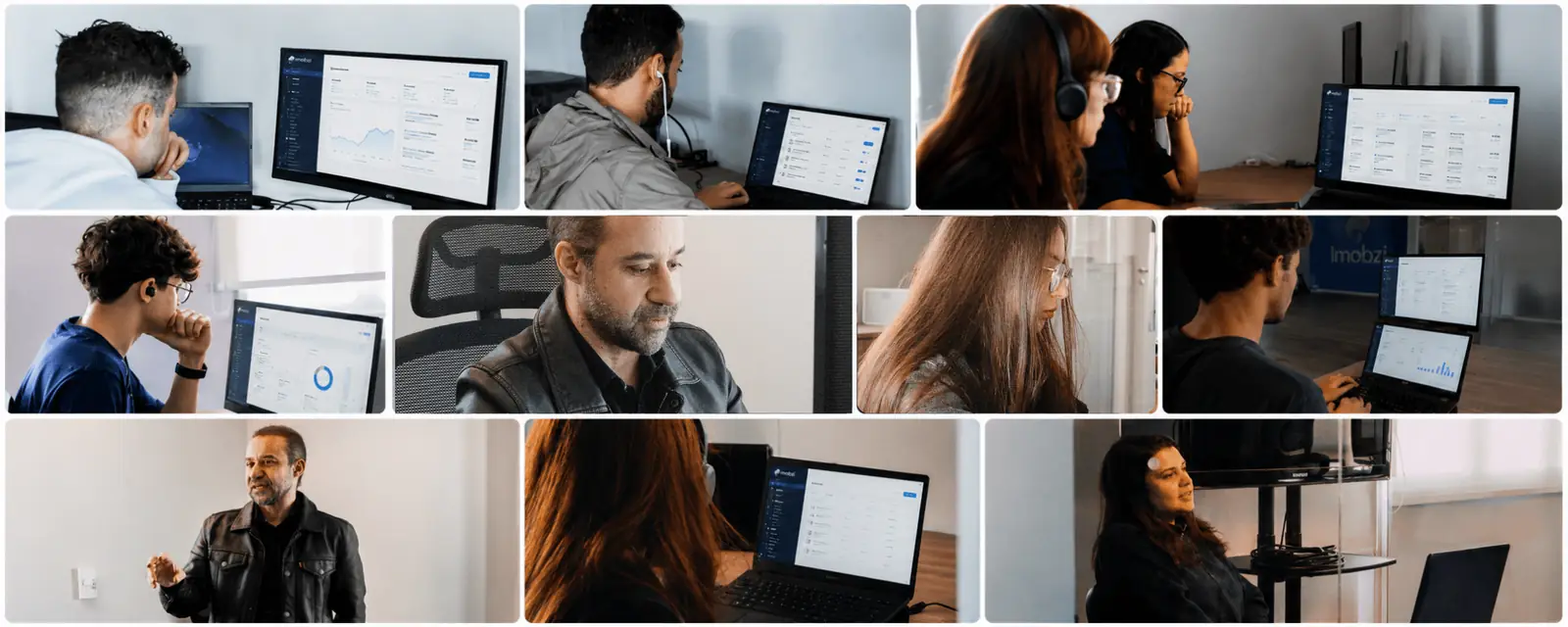 Mosaico com foto de pessoas no computador e conversando