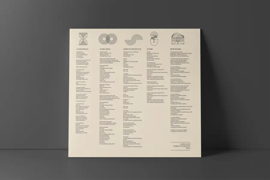 Slow Coast vinyl insert Side A with lyrics and a geometric icon for each song