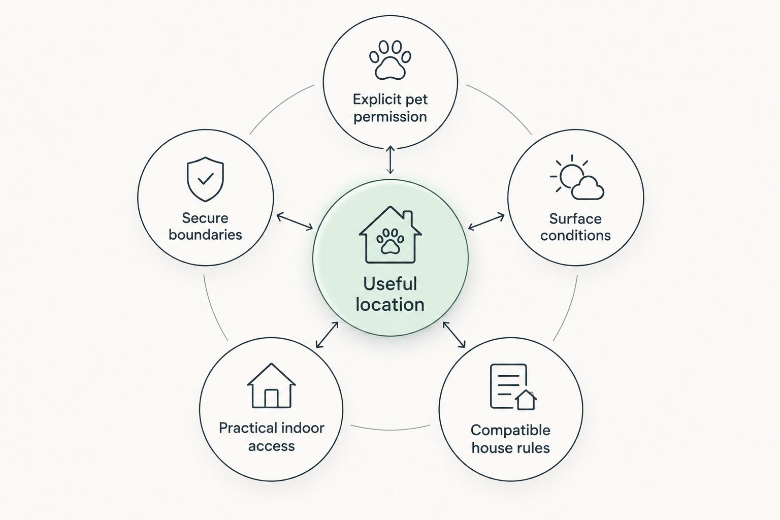 Rental selection criteria covering pet permission, boundaries, surfaces, indoor access, rules, and location