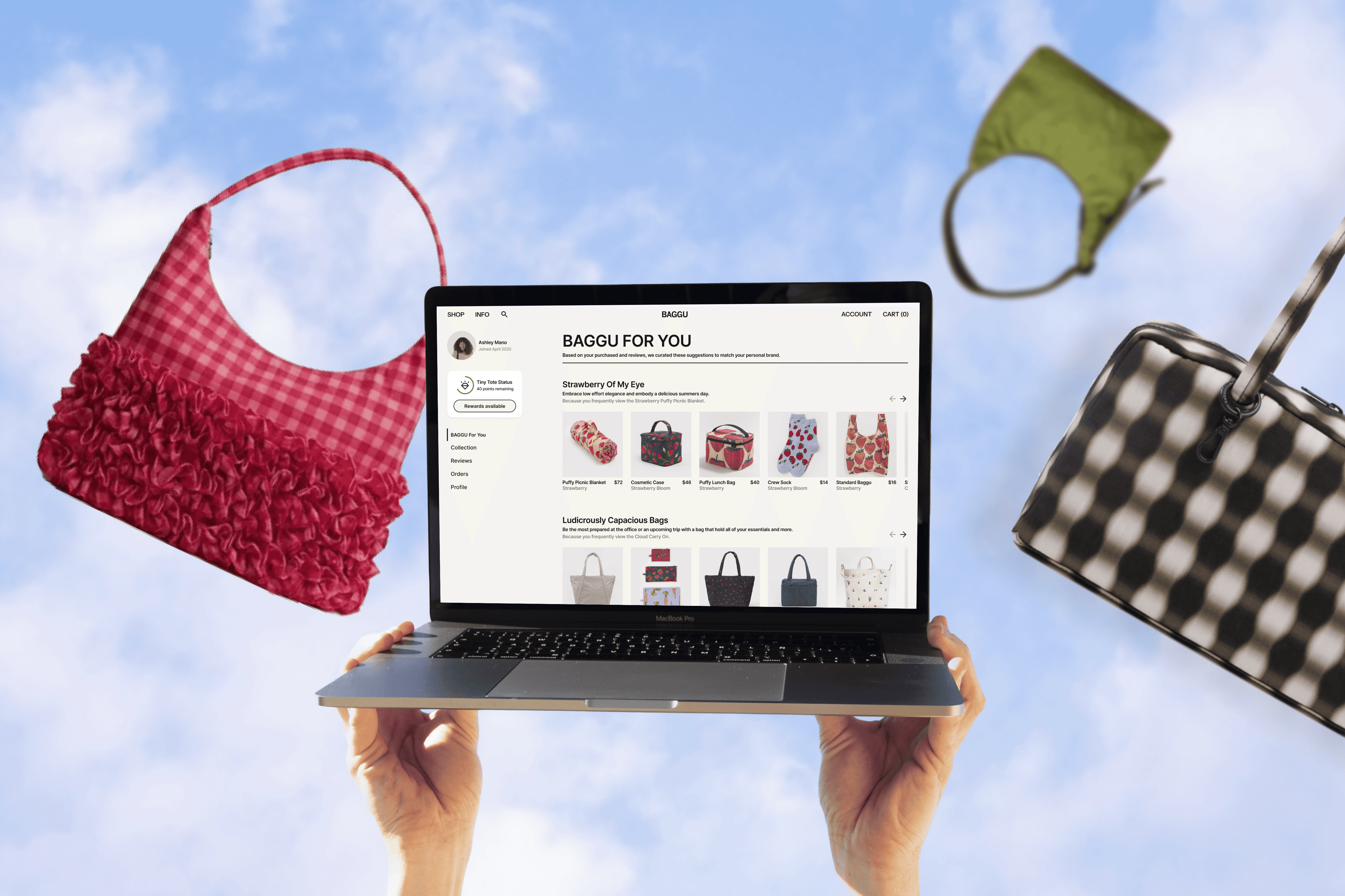 A creative mockup featuring a MacBook Pro held up against a bright blue sky with clouds. Surrounding the laptop are various colorful BAGGU bags floating in the air. The screen displays a personalized 'BAGGU FOR YOU' dashboard with curated product carousels for 'Strawberry Of My Eye' and 'Ludicrously Capacious Bags' collections