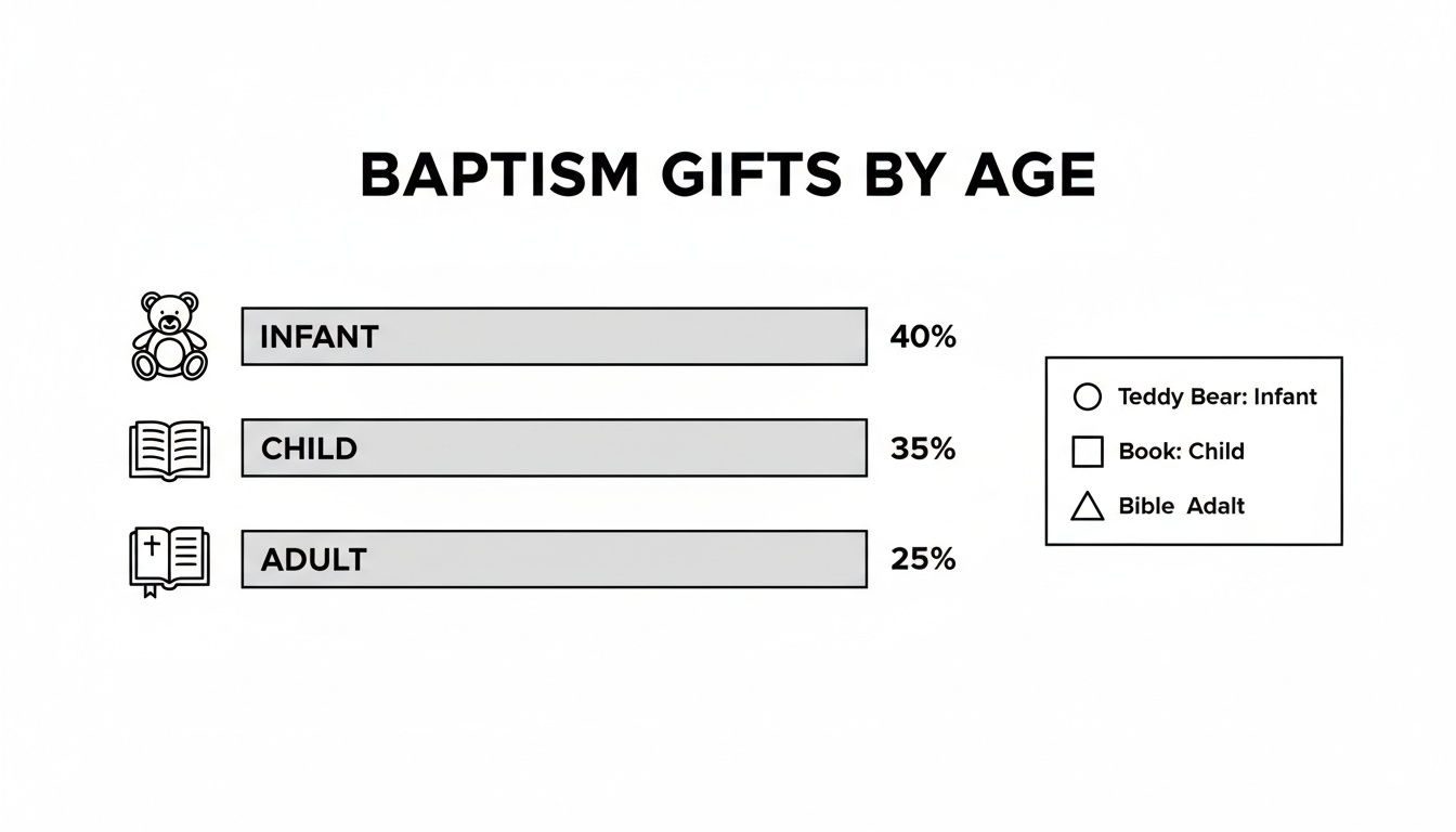 Bar chart showing baptism gift distribution by age: 40% infant, 35% child, 25% adult.
