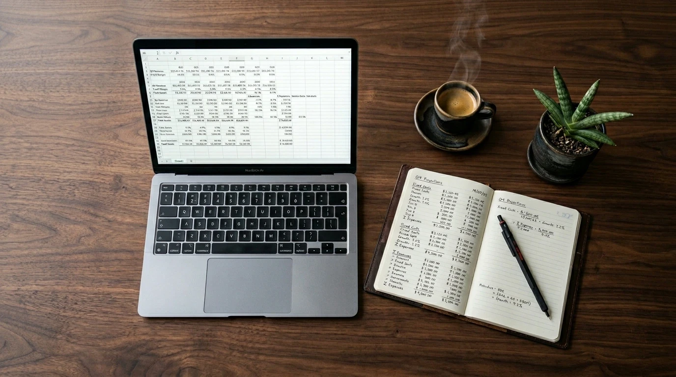 Workspace de planejamento financeiro com planilha de cálculo de verba de tráfego pago, caderno de anotações de CAC e meta de novos clientes para empresas de Uberlândia.
