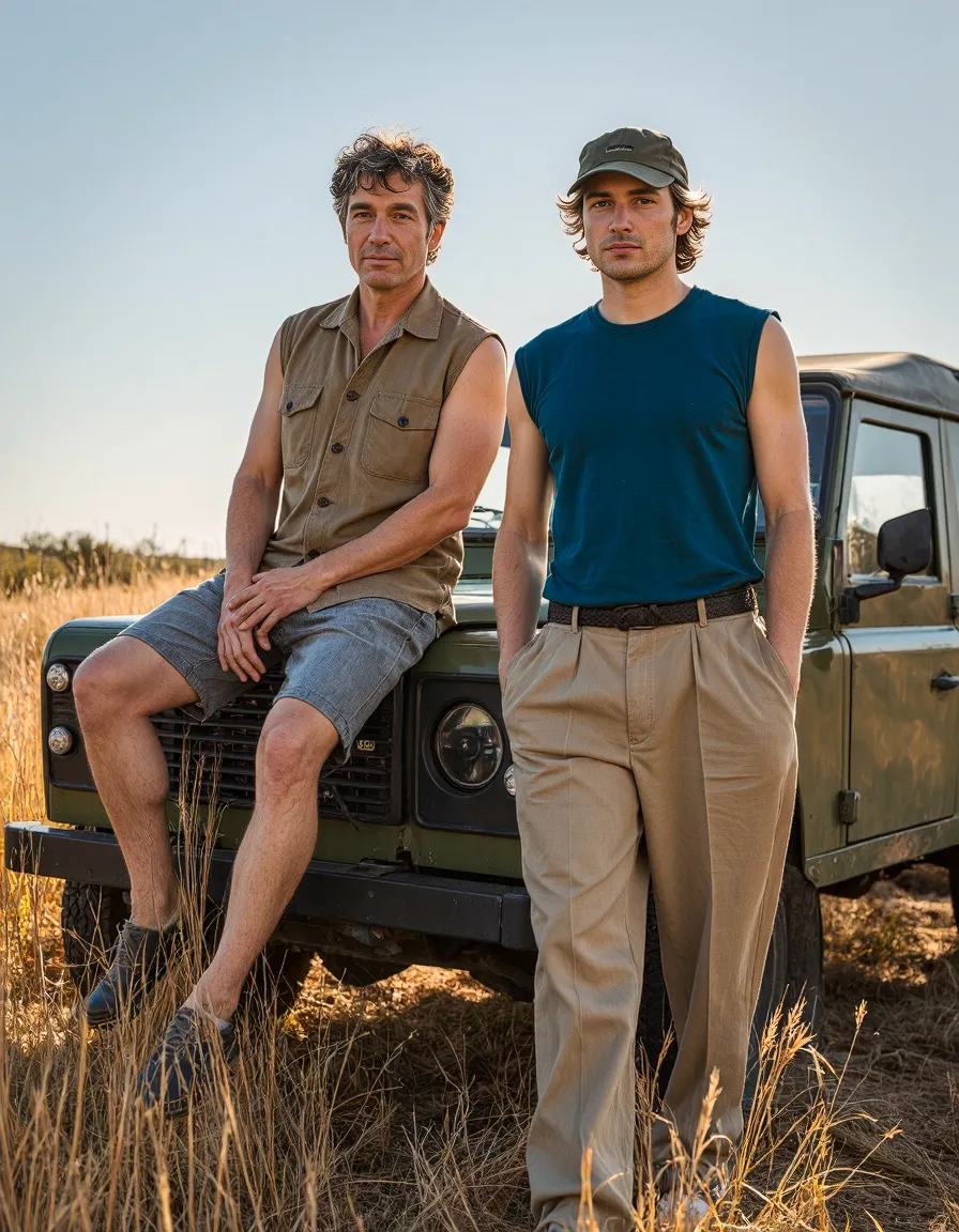 Two people posing against vintage green safari vehicle in golden grassland at sunset, wearing earth-toned casual clothing