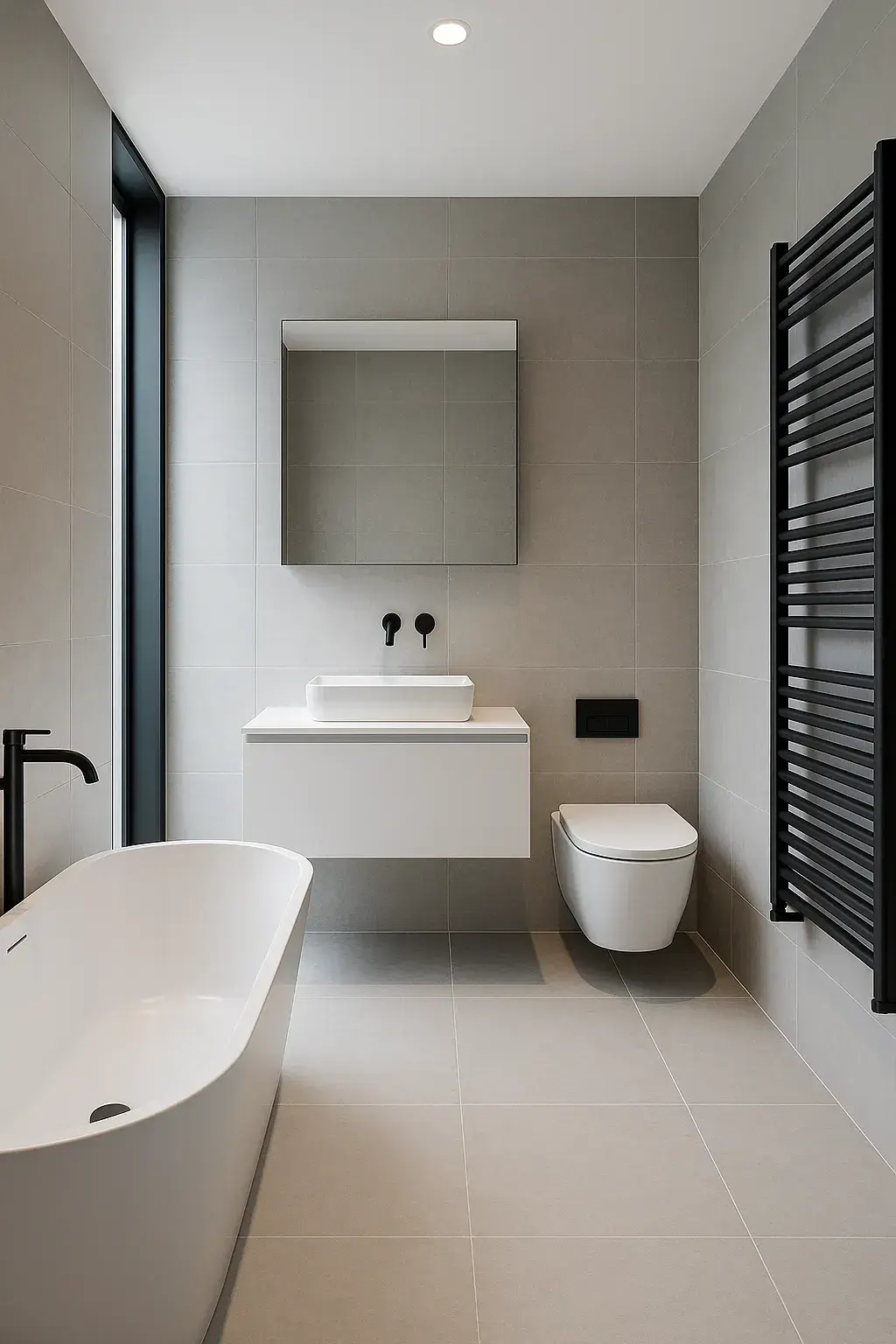 Bright luxury bathroom with tub, sink and mirror