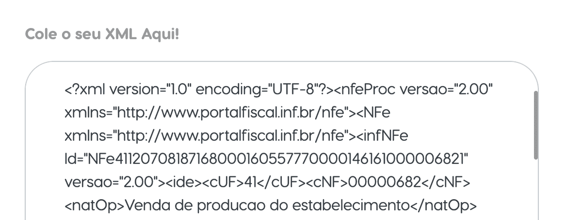 Print do textarea da ferramenta validadora de XML de nota fiscal