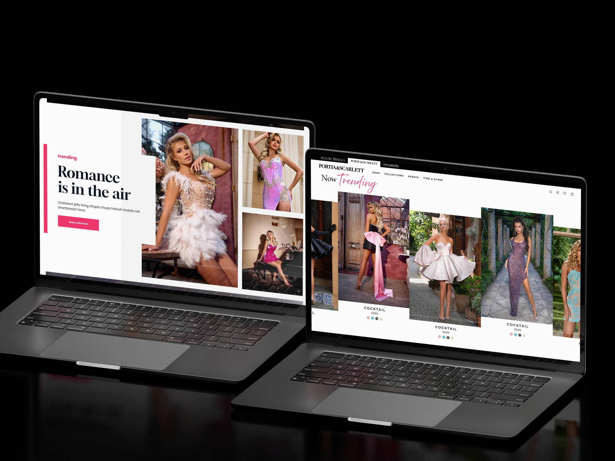 Portia & Scarlett Bridal Website Design: Luxurious e-commerce fashion site displayed on a laptop, featuring trending cocktail and formal gowns.