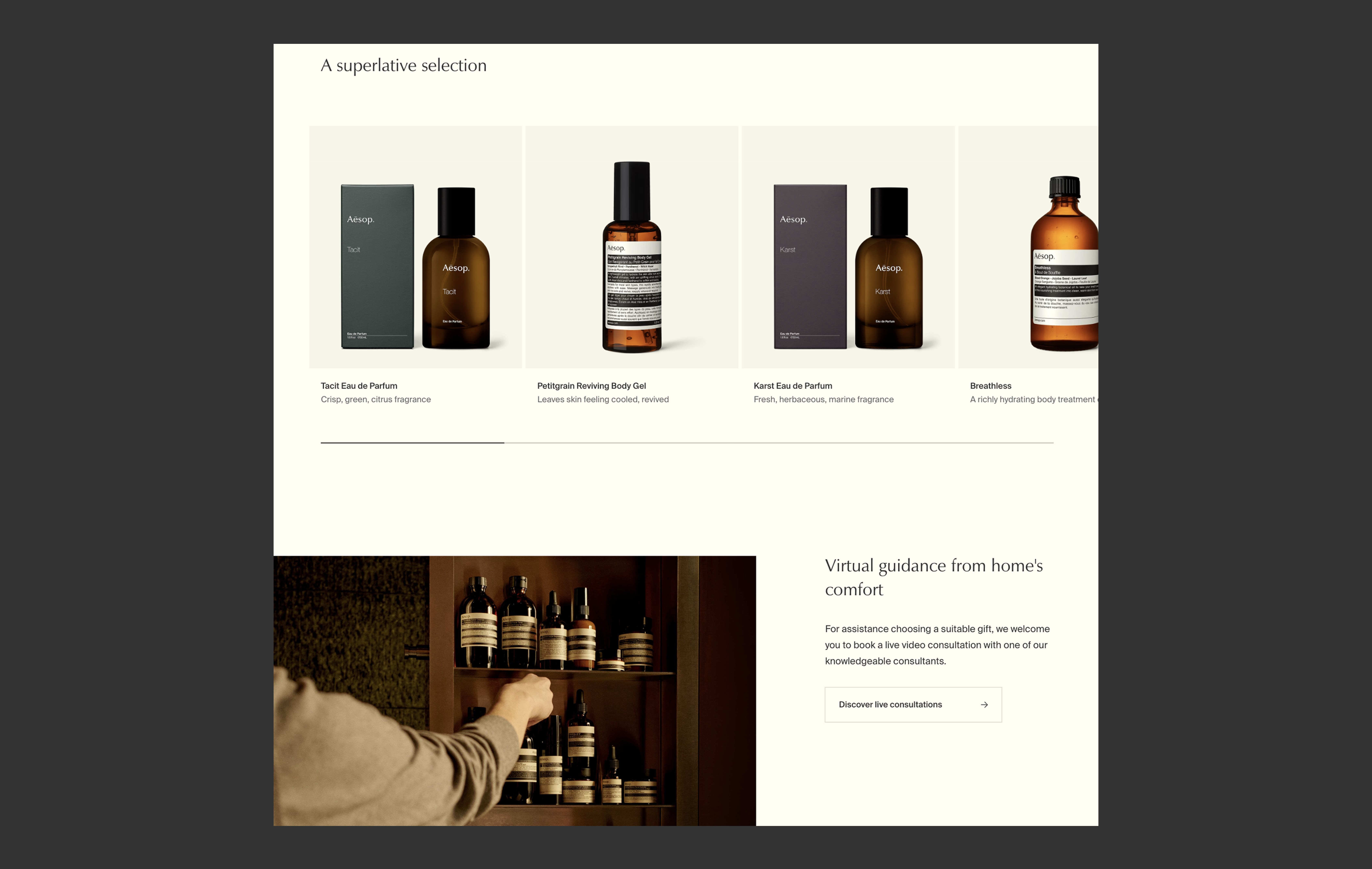 Aesop homepage layout with minimal copy and large white space