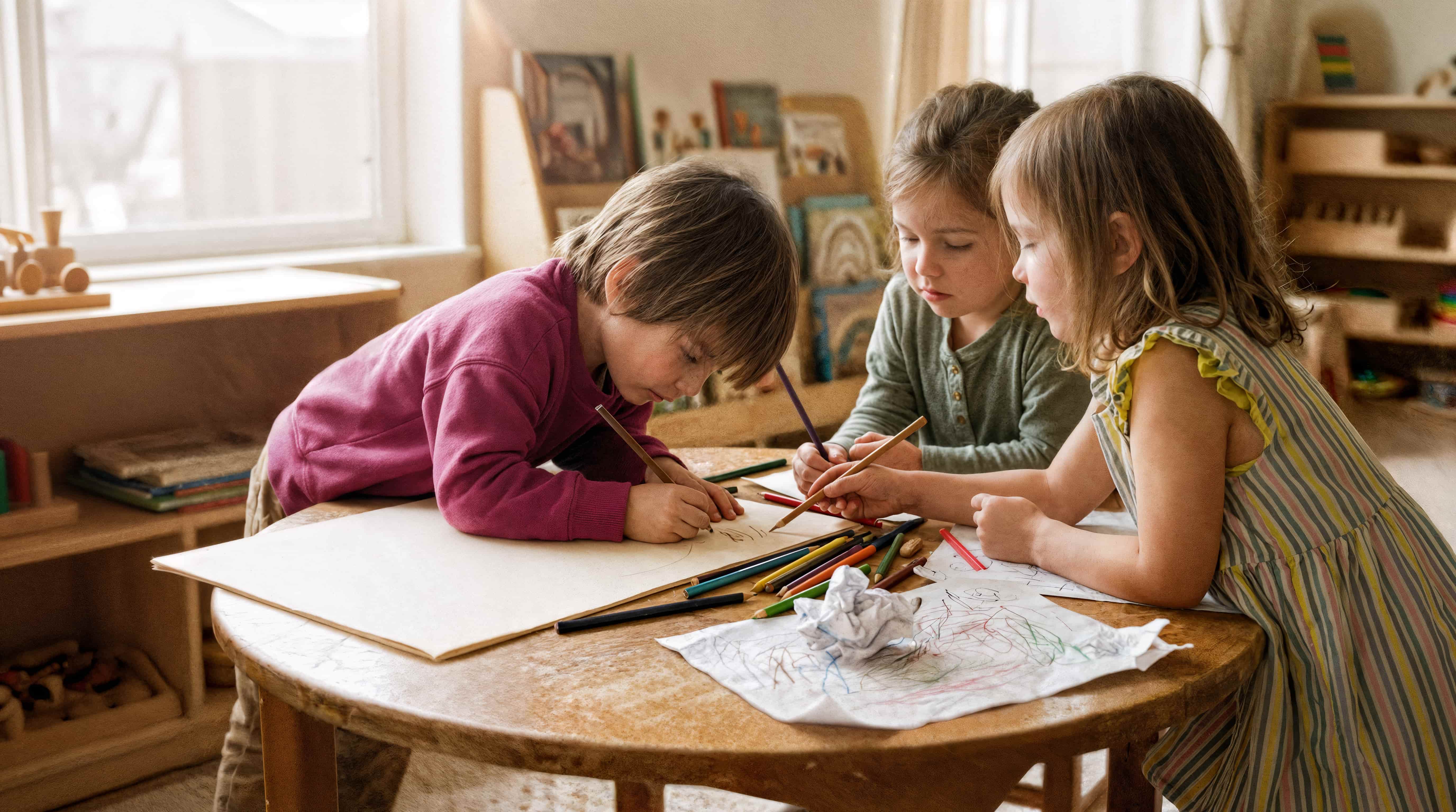 Children engaged in collaborative drawing at a round table in a bright classroom.